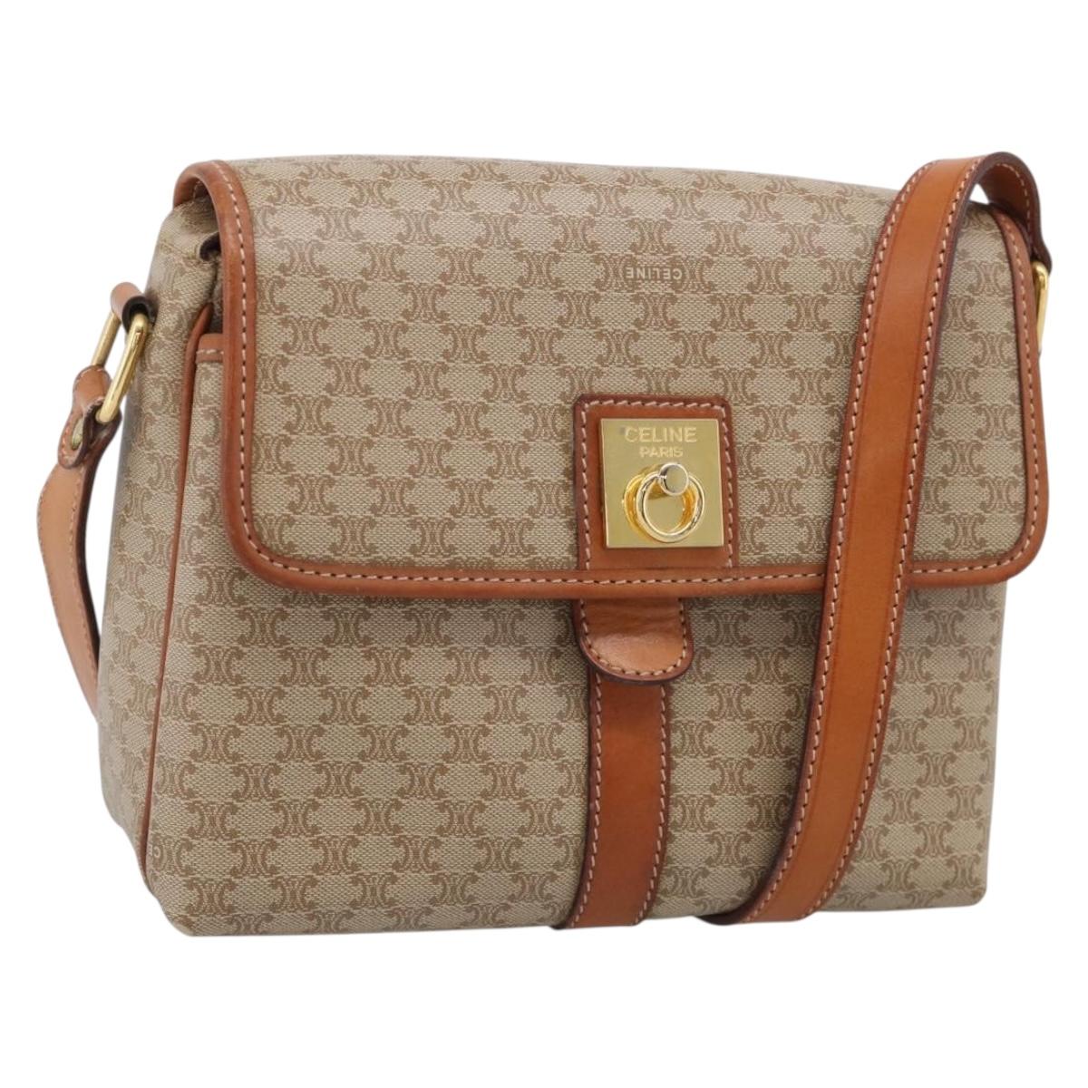 CELINE Macadam Shoulder Bag PVC Beige Gold Tone Auth 211040A