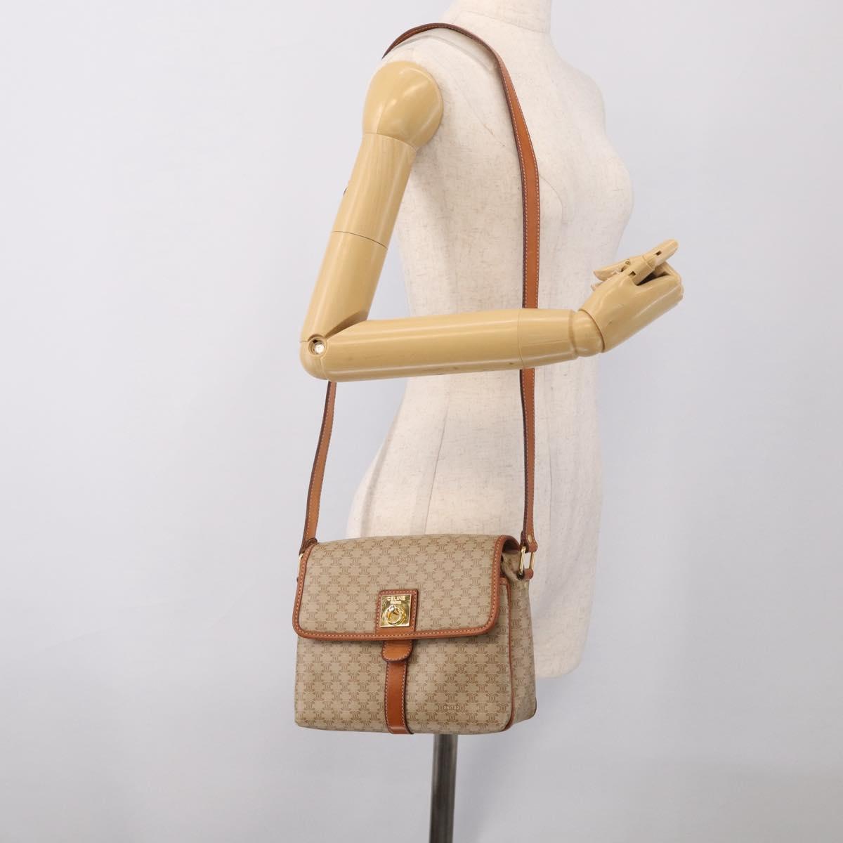 CELINE Macadam Shoulder Bag PVC Beige Gold Tone Auth 211040A