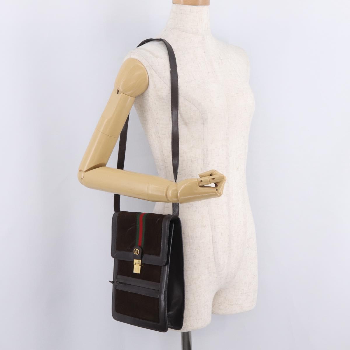 GUCCI Web Sherry Line Shoulder Bag Suede Brown Gold Tone Auth 211045