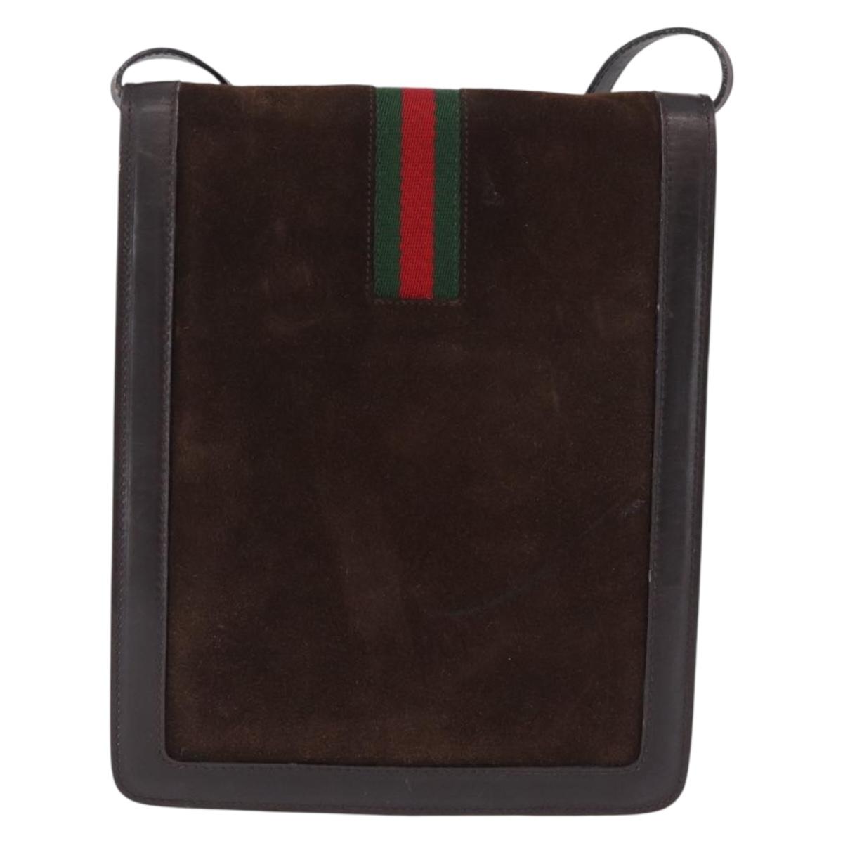 GUCCI Web Sherry Line Shoulder Bag Suede Brown Gold Tone Auth 211045