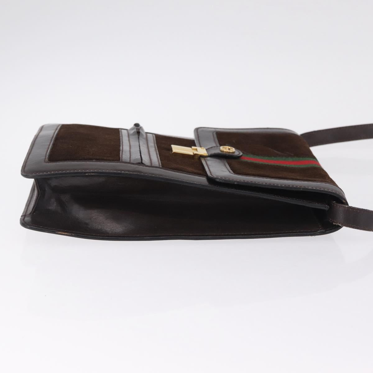 GUCCI Web Sherry Line Shoulder Bag Suede Brown Gold Tone Auth 211045