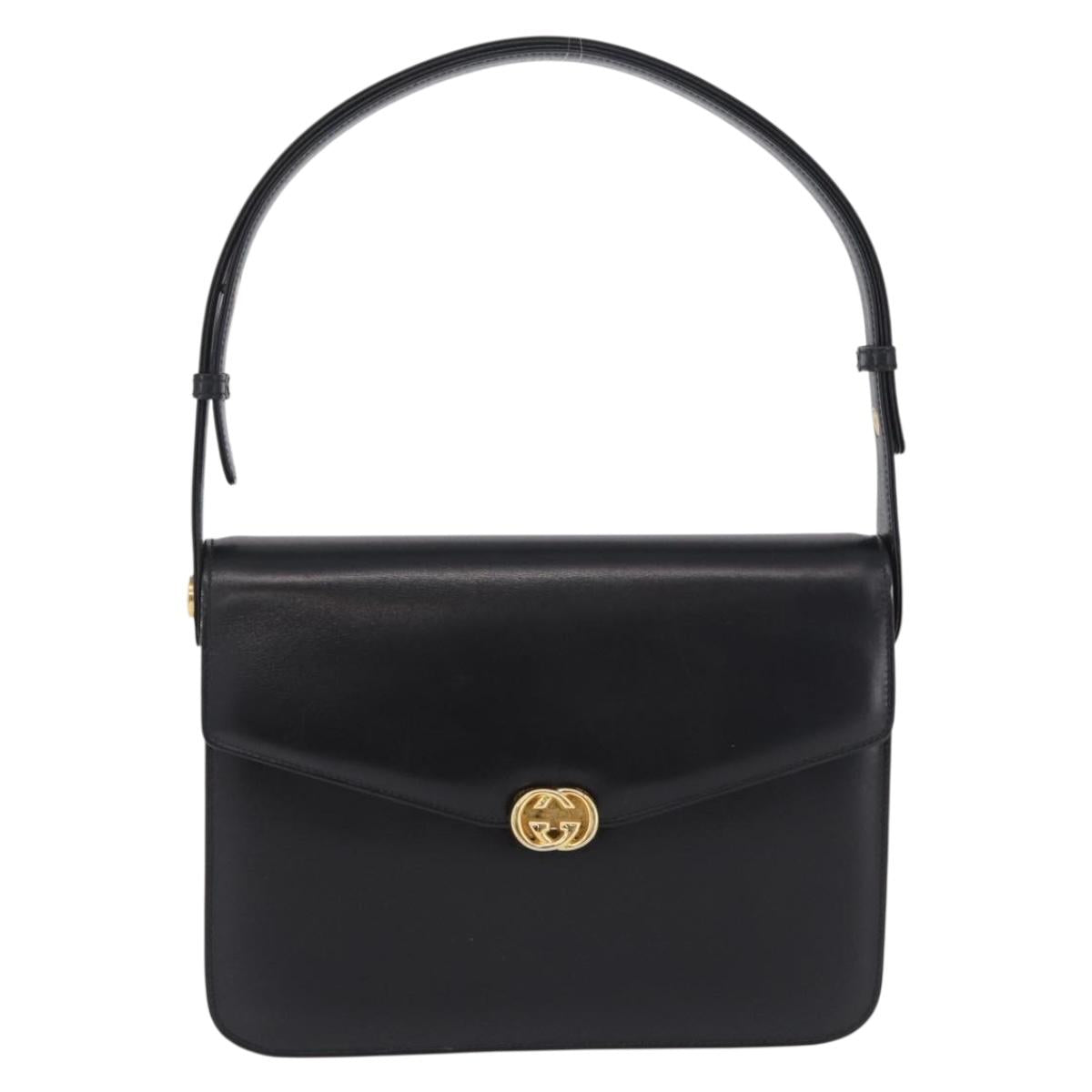 GUCCI Shoulder Bag Leather Black Gold Tone Auth 211052A