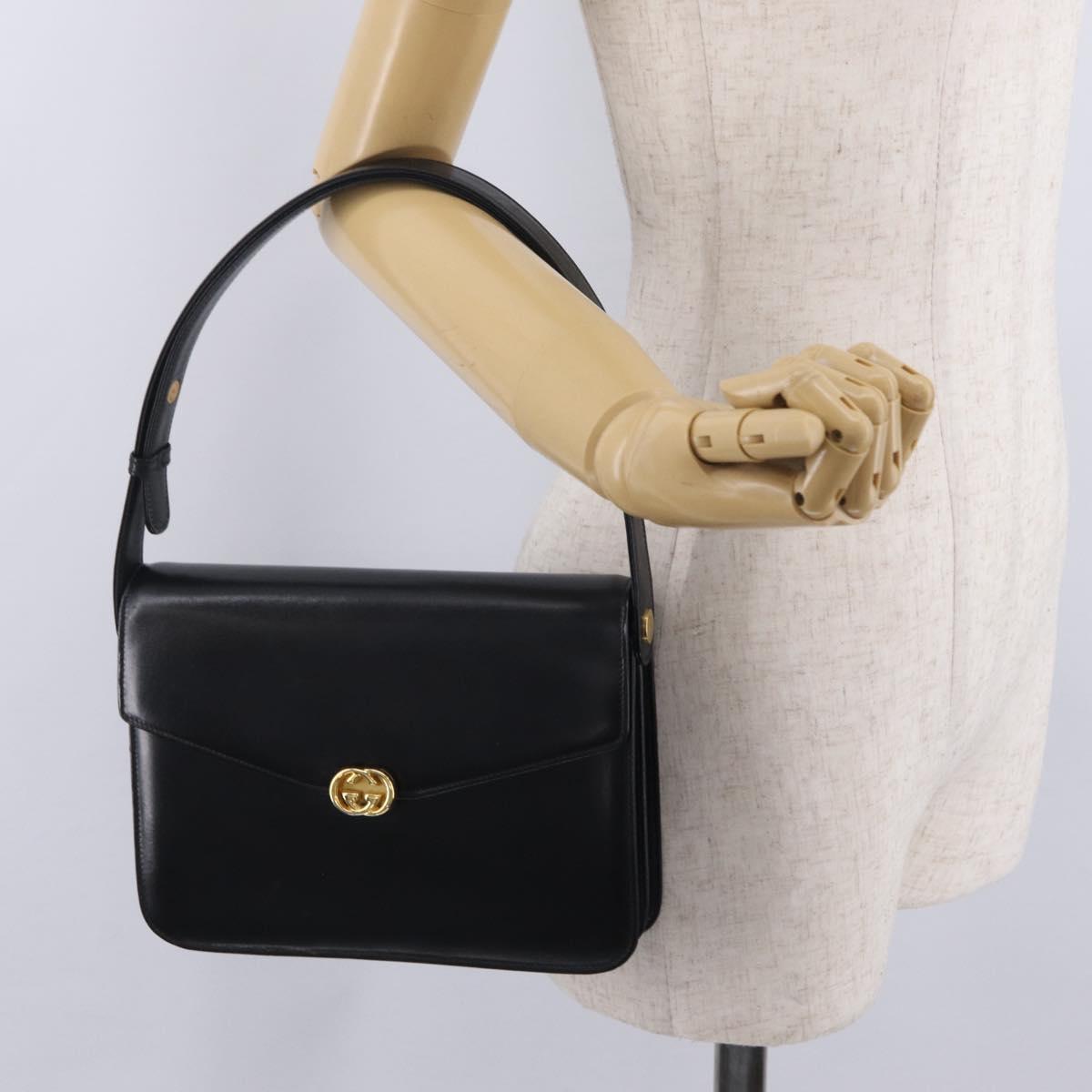 GUCCI Shoulder Bag Leather Black Gold Tone Auth 211052A