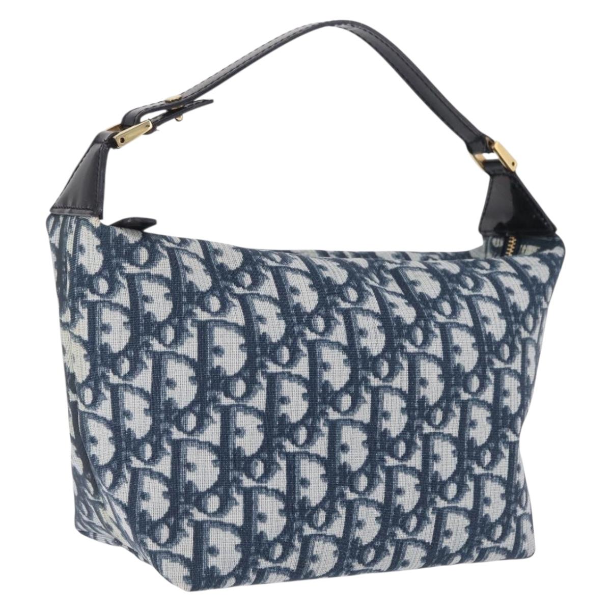 Christian Dior Trotter Canvas Hand Bag PVC Navy Gold Tone Auth 211053V