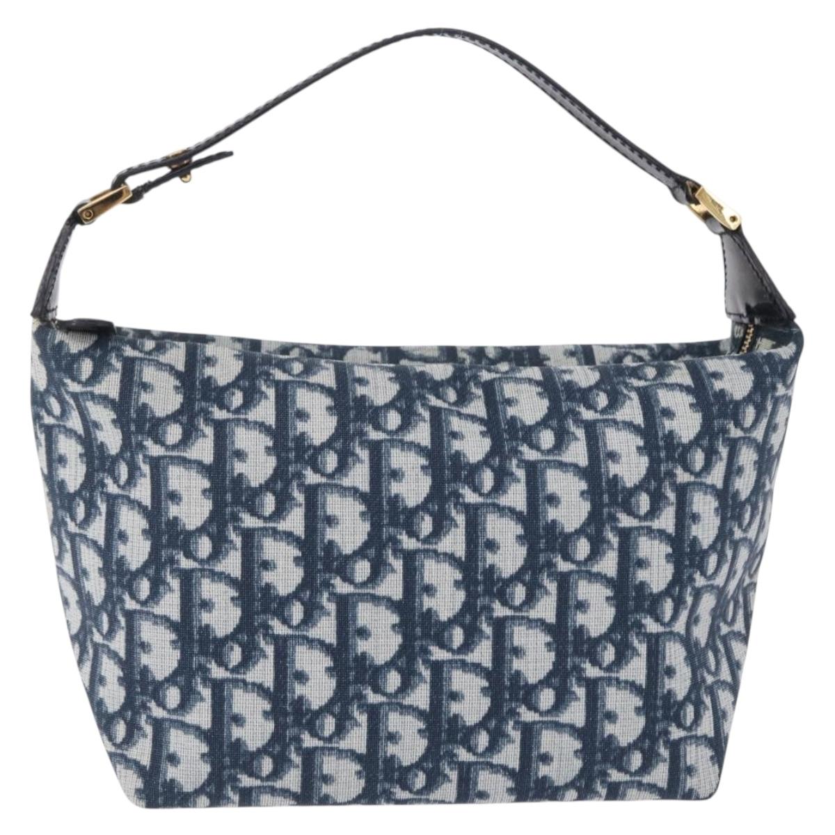 Christian Dior Trotter Canvas Hand Bag PVC Navy Gold Tone Auth 211053V