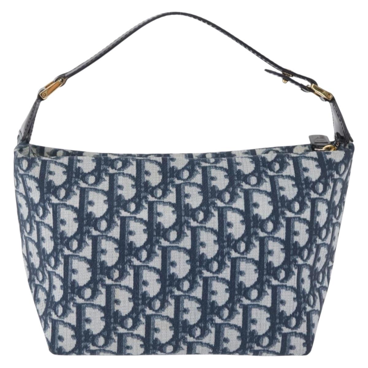 Christian Dior Trotter Canvas Hand Bag PVC Navy Gold Tone Auth 211053V