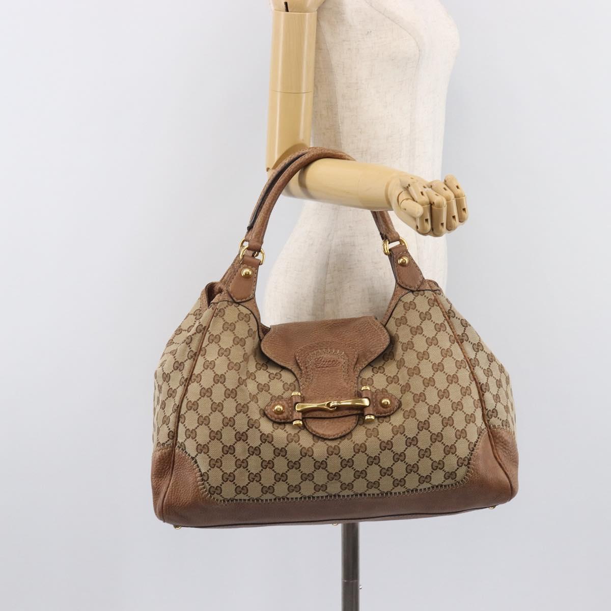GUCCI GG Canvas Horsebit Hand Bag Beige Gold Tone 223958 Auth 211056V
