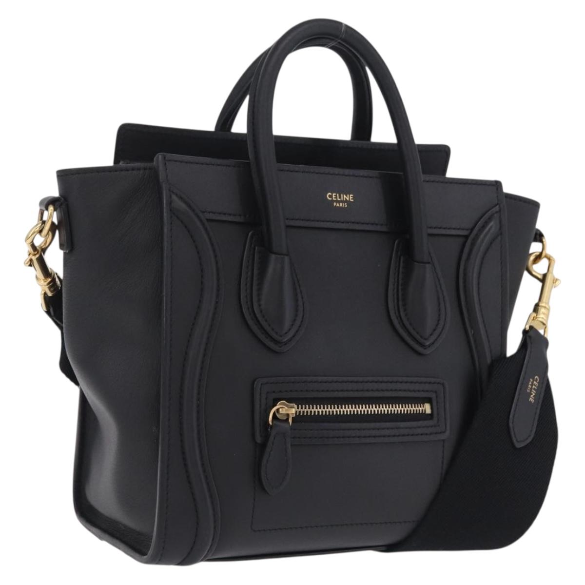 CELINE Luggage Nano Shopper Hand Bag Leather 2way Black Gold Tone Auth 211063M