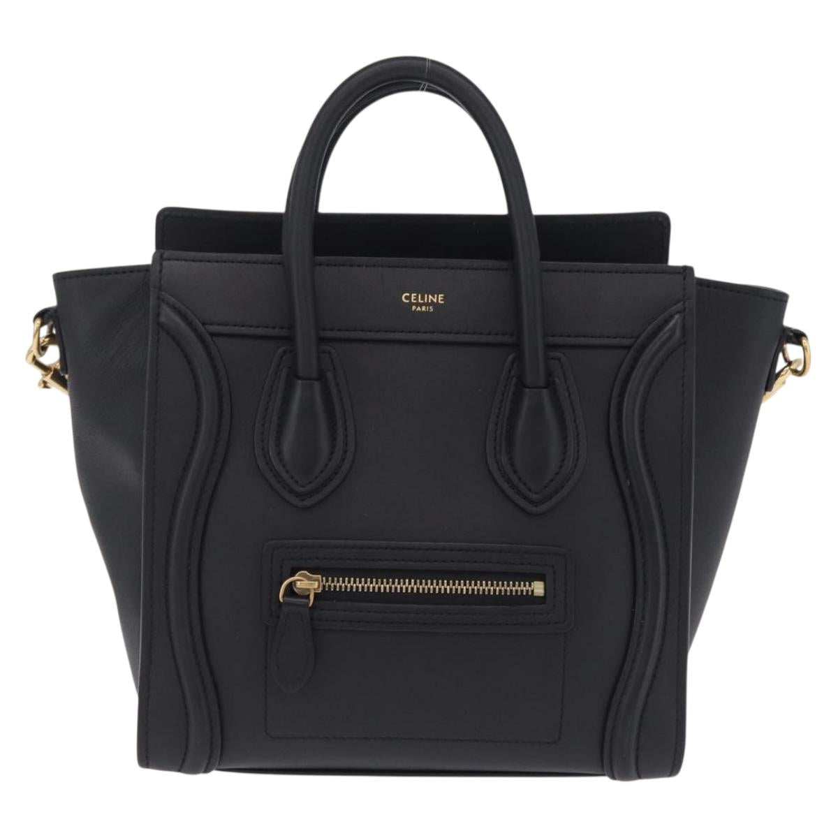 CELINE Luggage Nano Shopper Hand Bag Leather 2way Black Gold Tone Auth 211063M