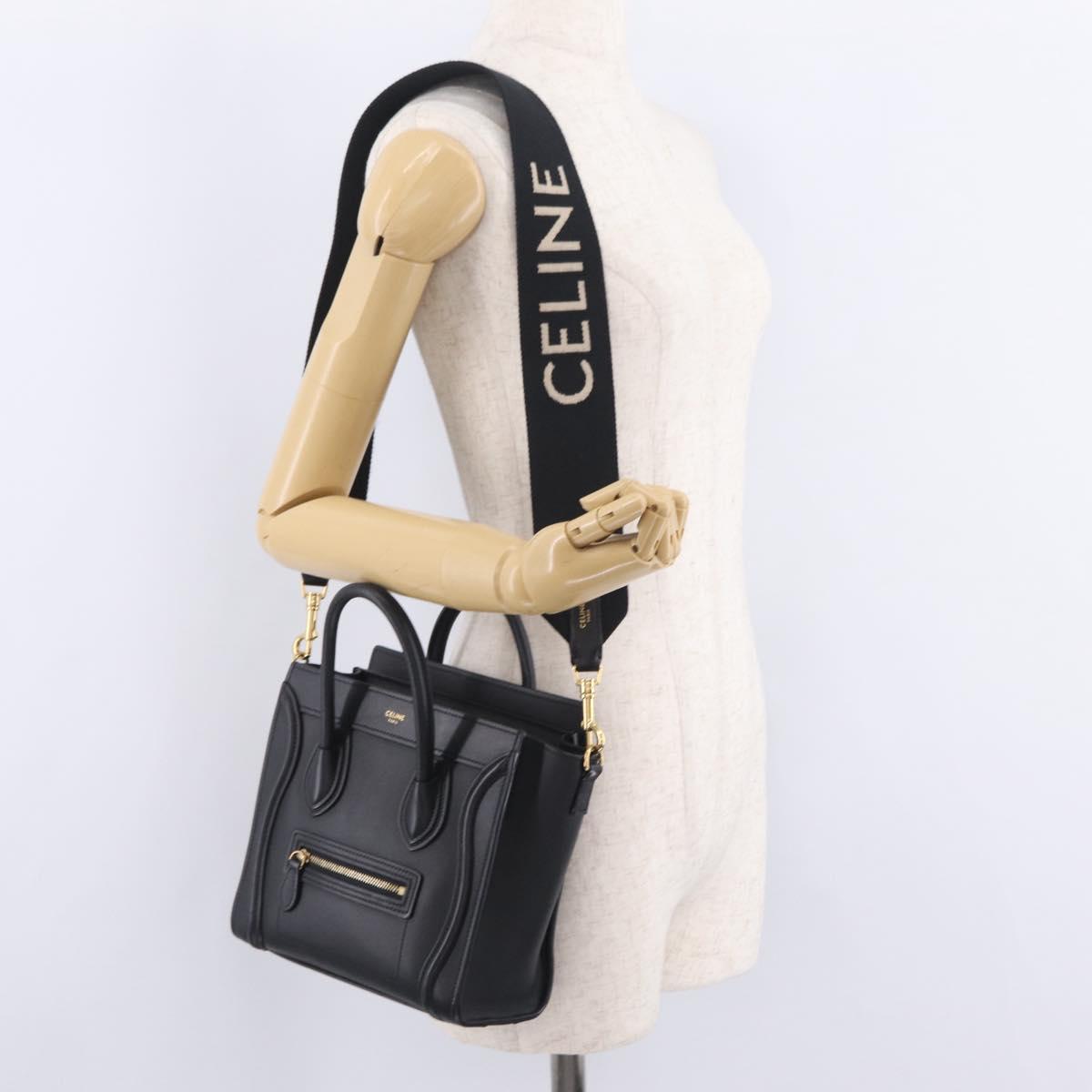 CELINE Luggage Nano Shopper Hand Bag Leather 2way Black Gold Tone Auth 211063M