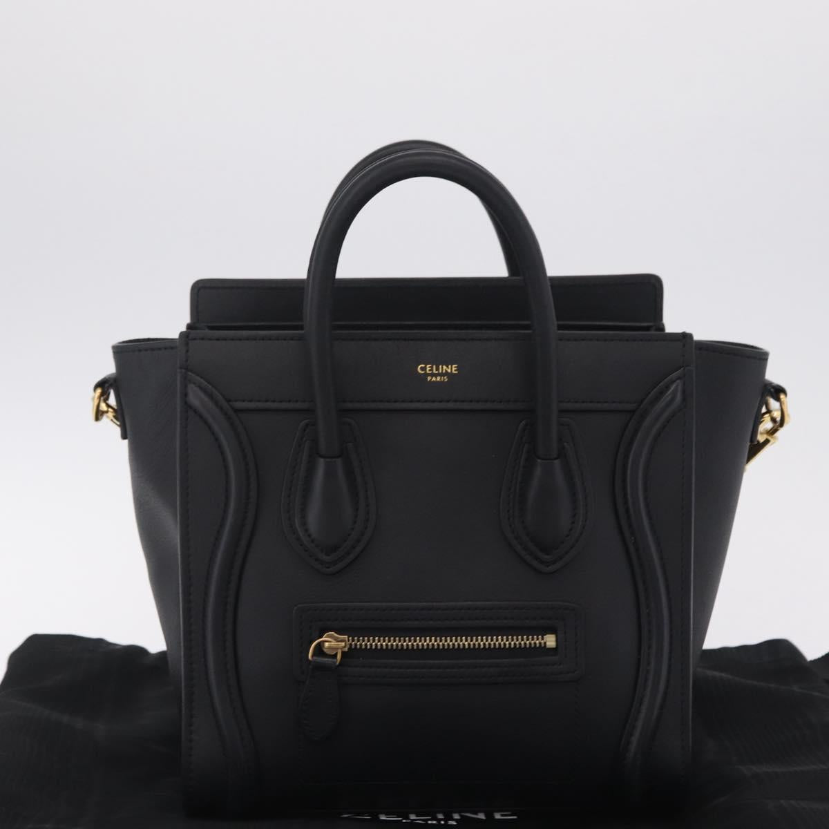 CELINE Luggage Nano Shopper Hand Bag Leather 2way Black Gold Tone Auth 211063M