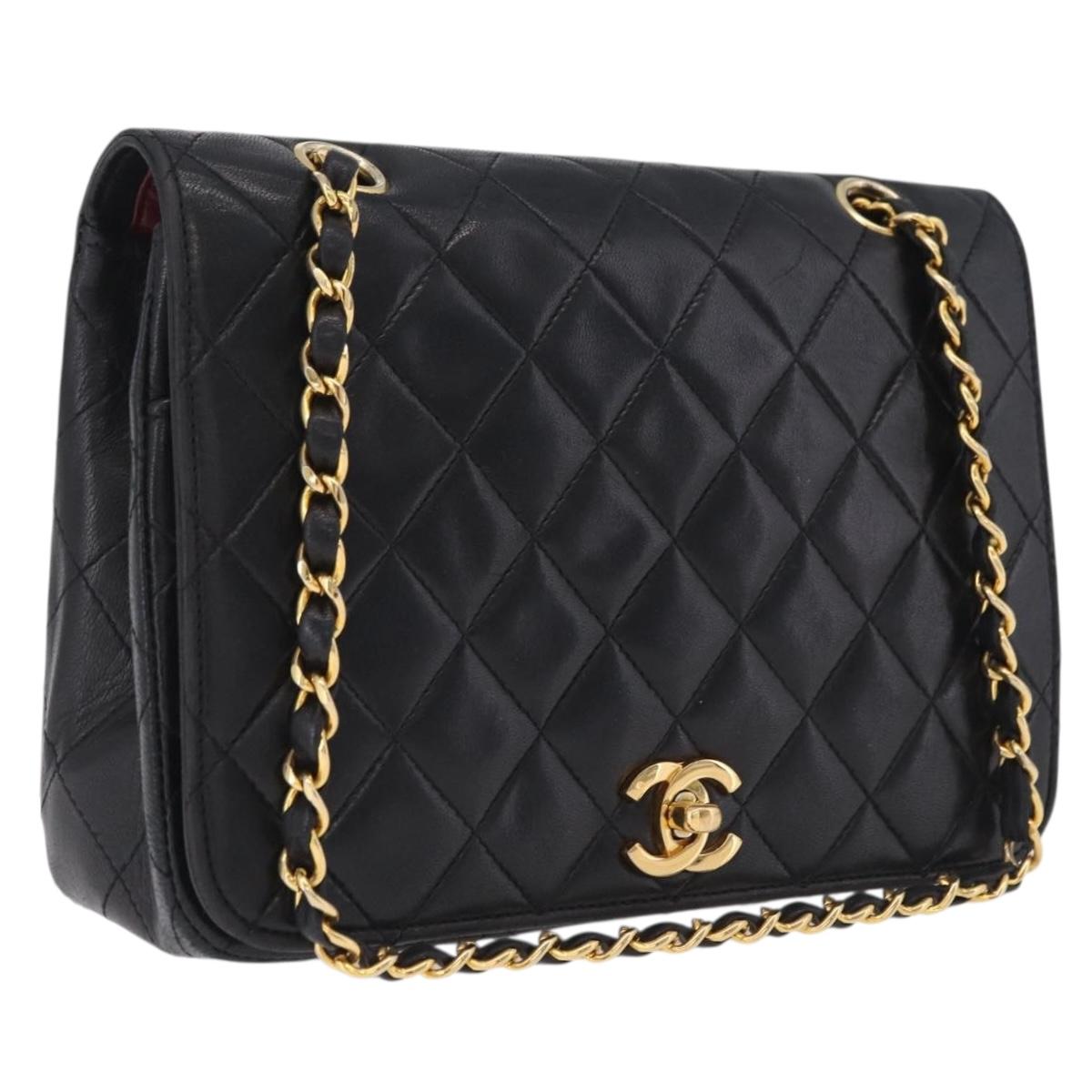 CHANEL Matelasse Chain Shoulder Bag Lamb Skin Black Gold Tone CC Auth 211072V