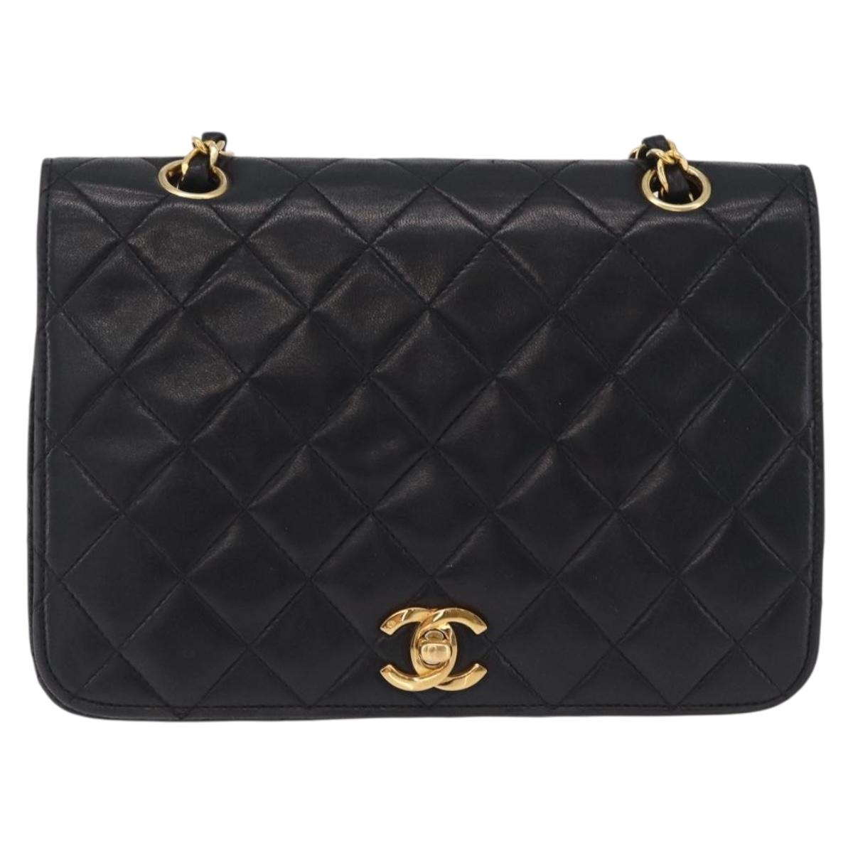 CHANEL Matelasse Chain Shoulder Bag Lamb Skin Black Gold Tone CC Auth 211072V