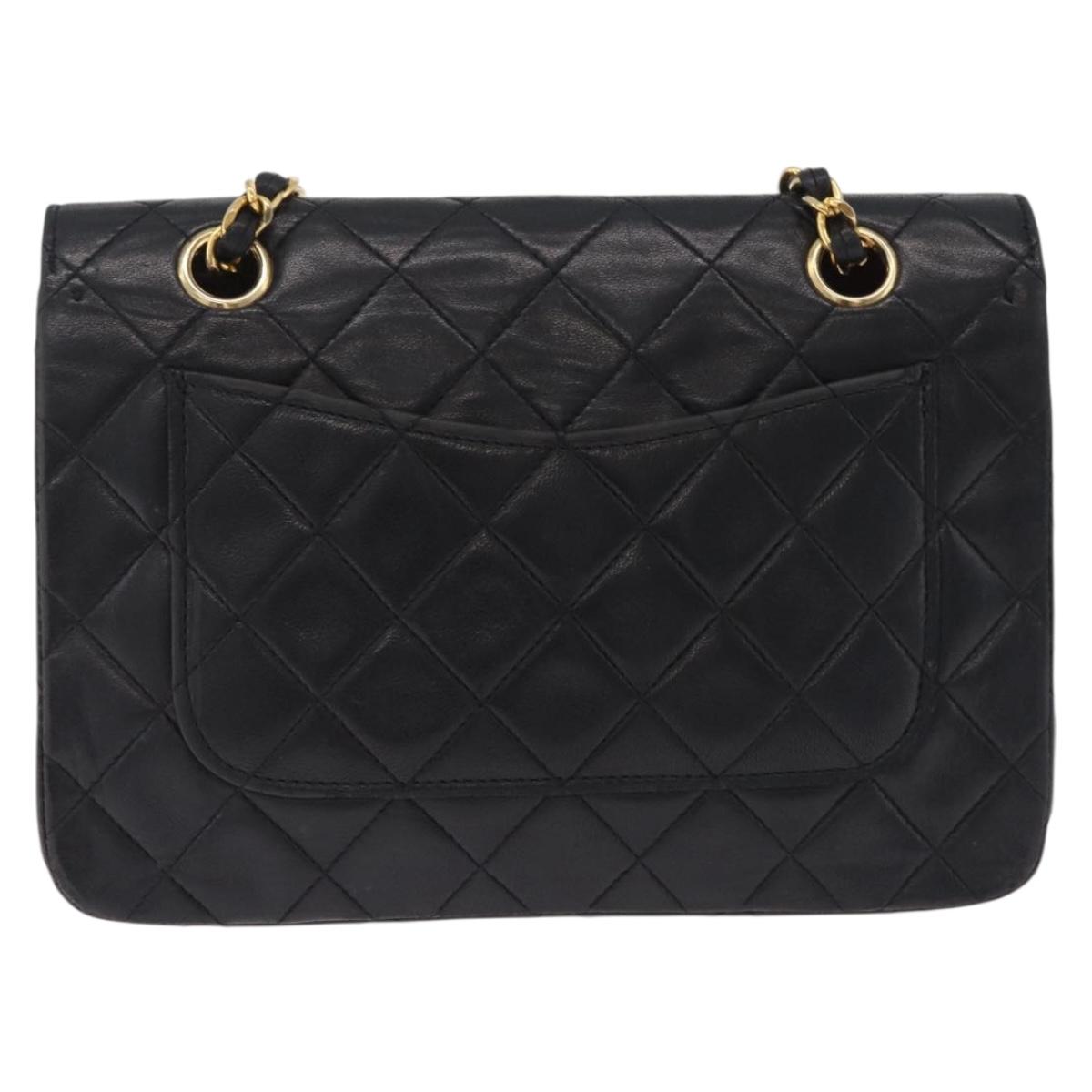 CHANEL Matelasse Chain Shoulder Bag Lamb Skin Black Gold Tone CC Auth 211072V
