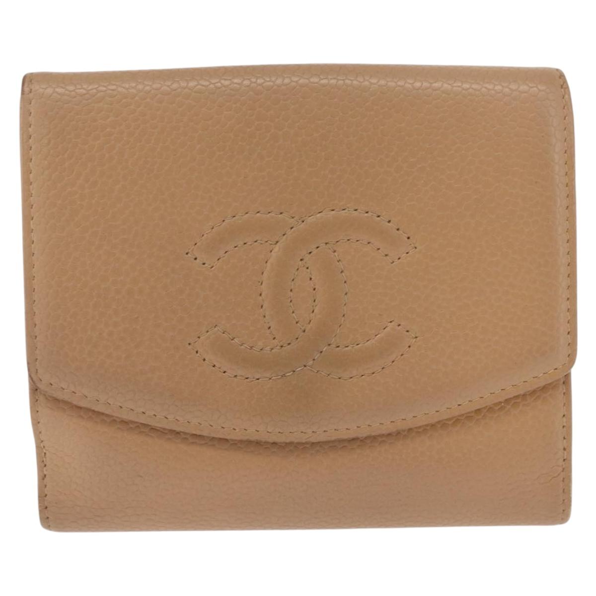 CHANEL Wallet Caviar Skin Beige CC Auth 211073
