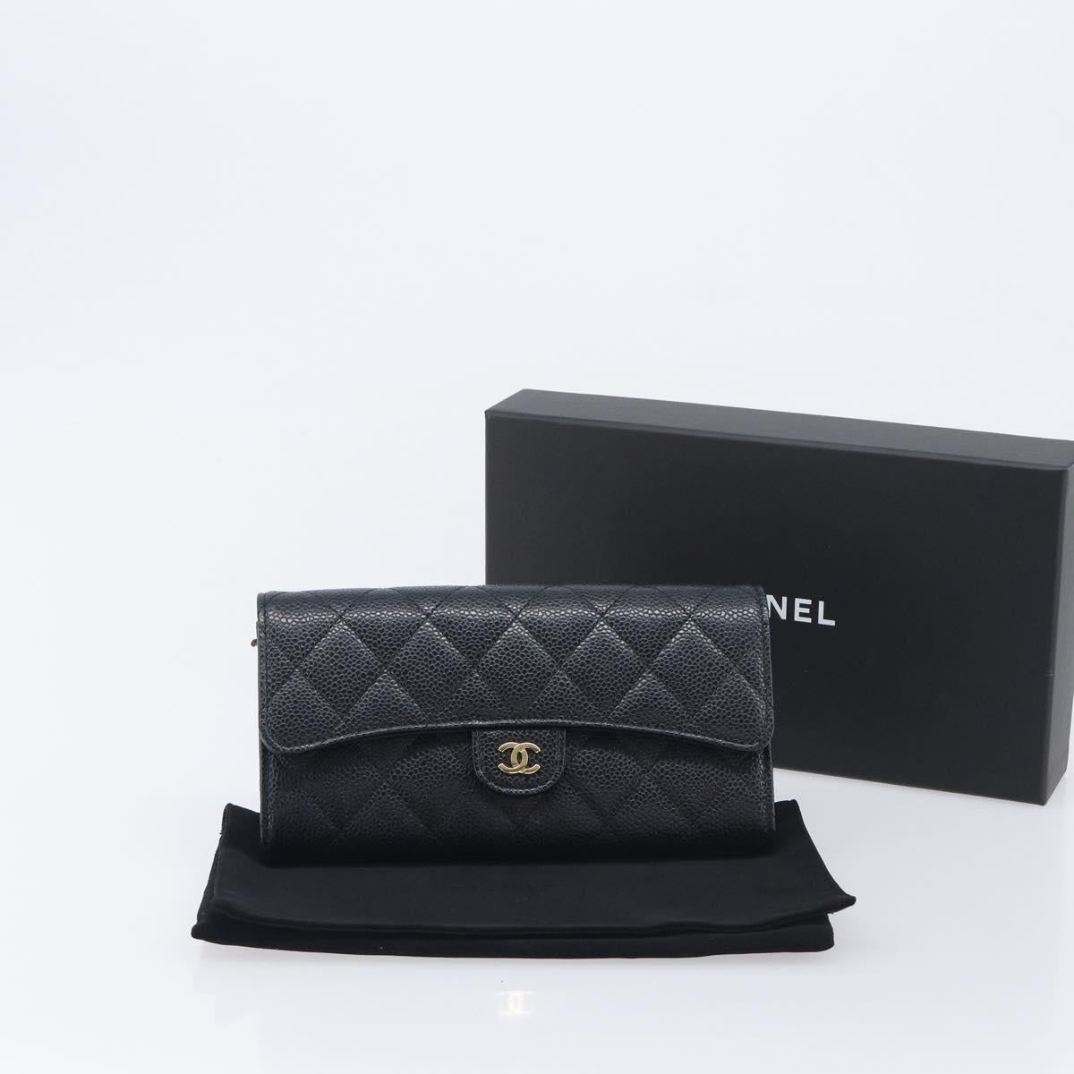CHANEL Matelasse Long Wallet Caviar Skin Black Gold CC Auth 211076M
