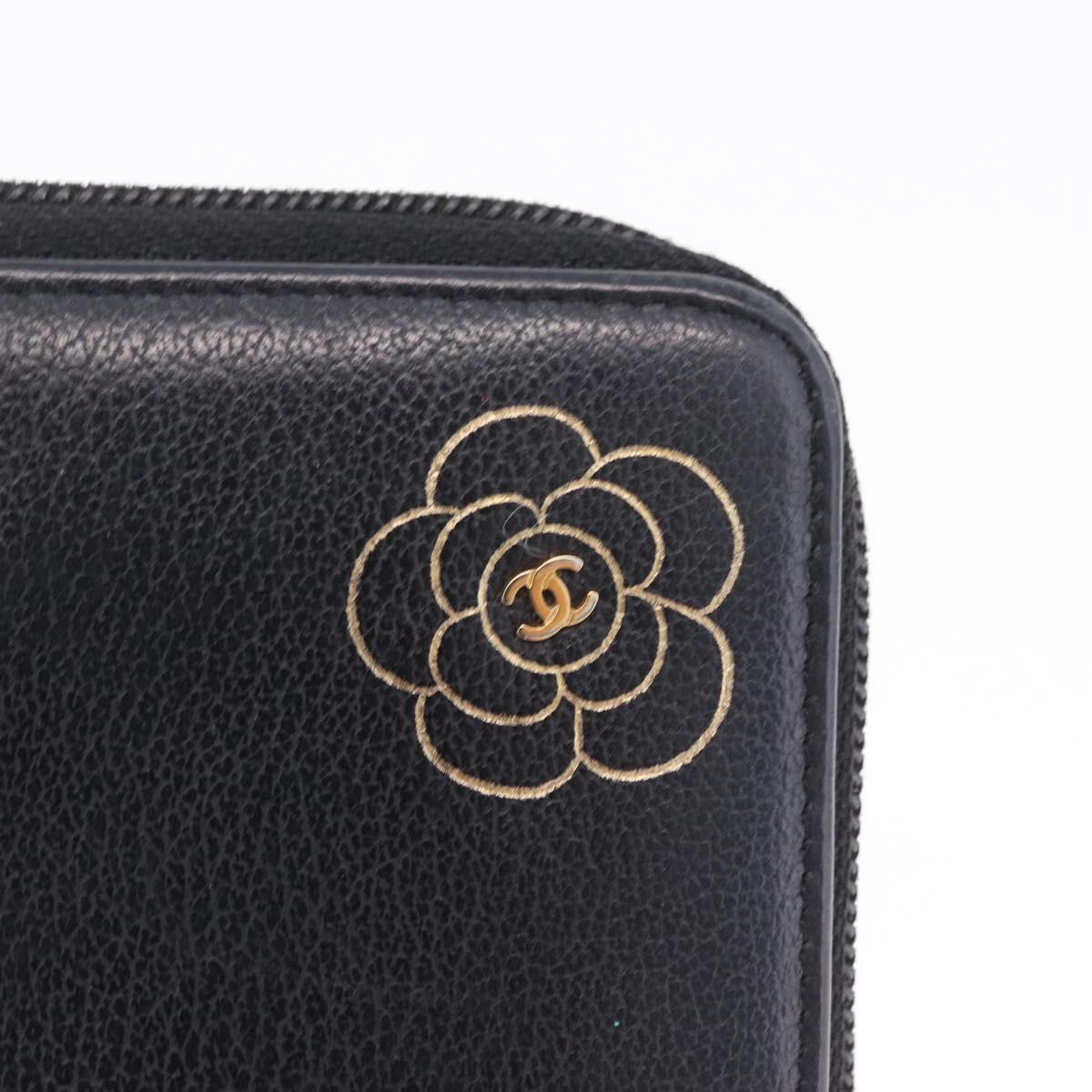 CHANEL Camelia Long Wallet Leather Black Gold Tone CC Auth 211077