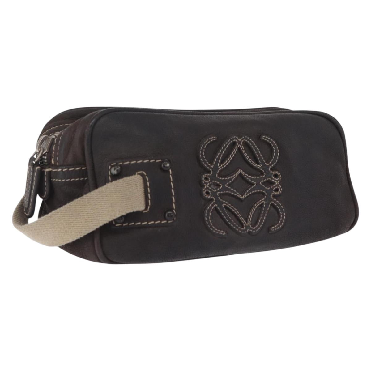 LOEWE Clutch Bag Leather Dark Brown Silver Auth 211101