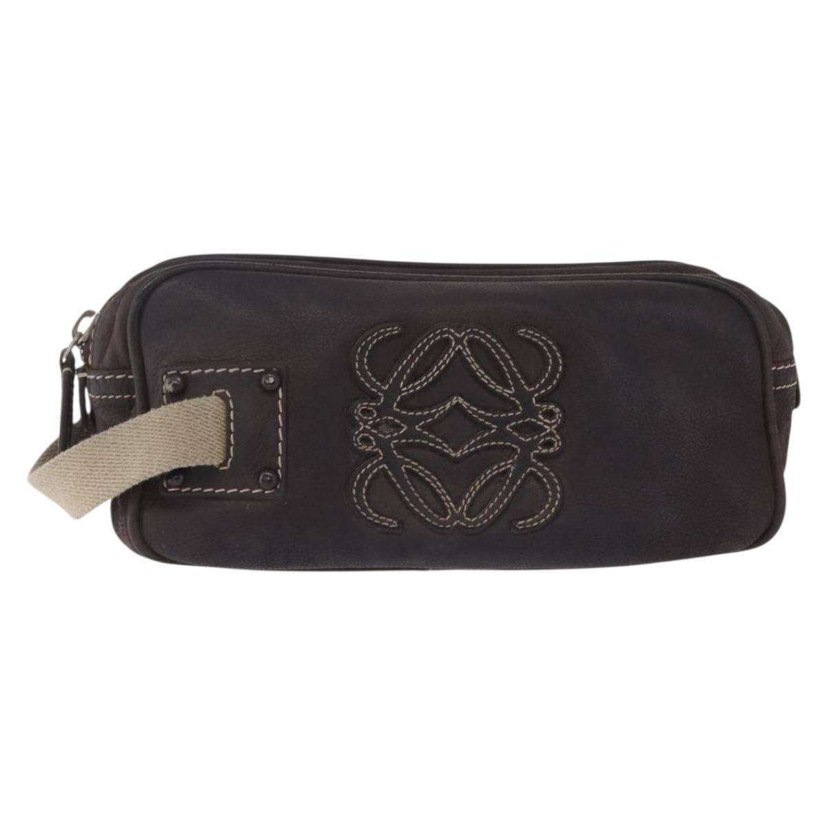 LOEWE Clutch Bag Leather Dark Brown Silver Auth 211101