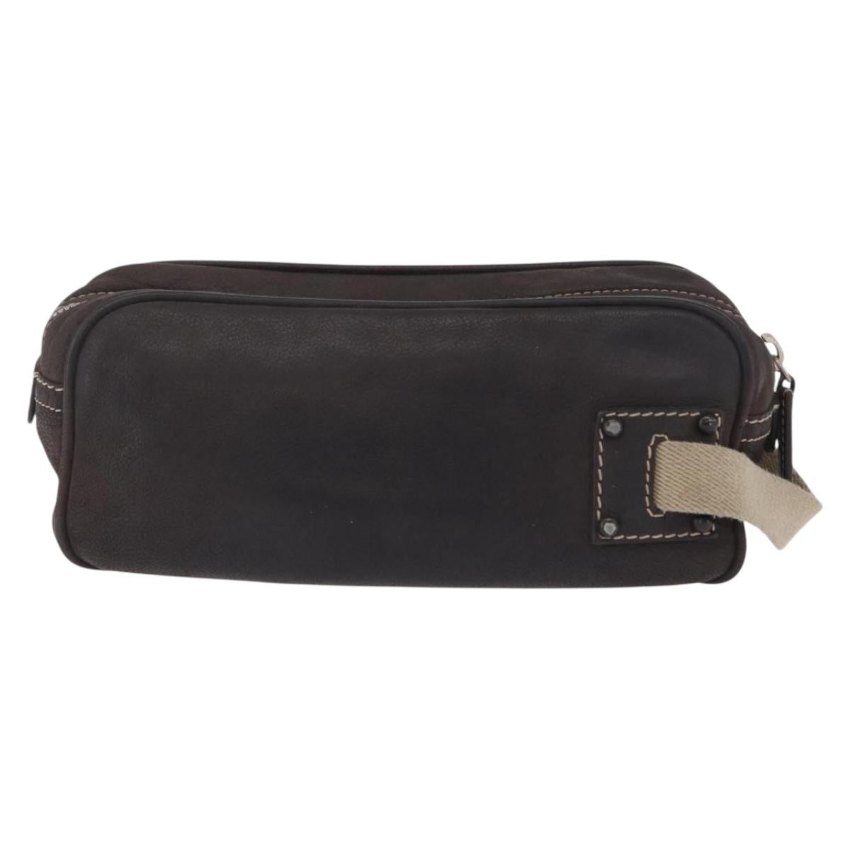 LOEWE Clutch Bag Leather Dark Brown Silver Auth 211101
