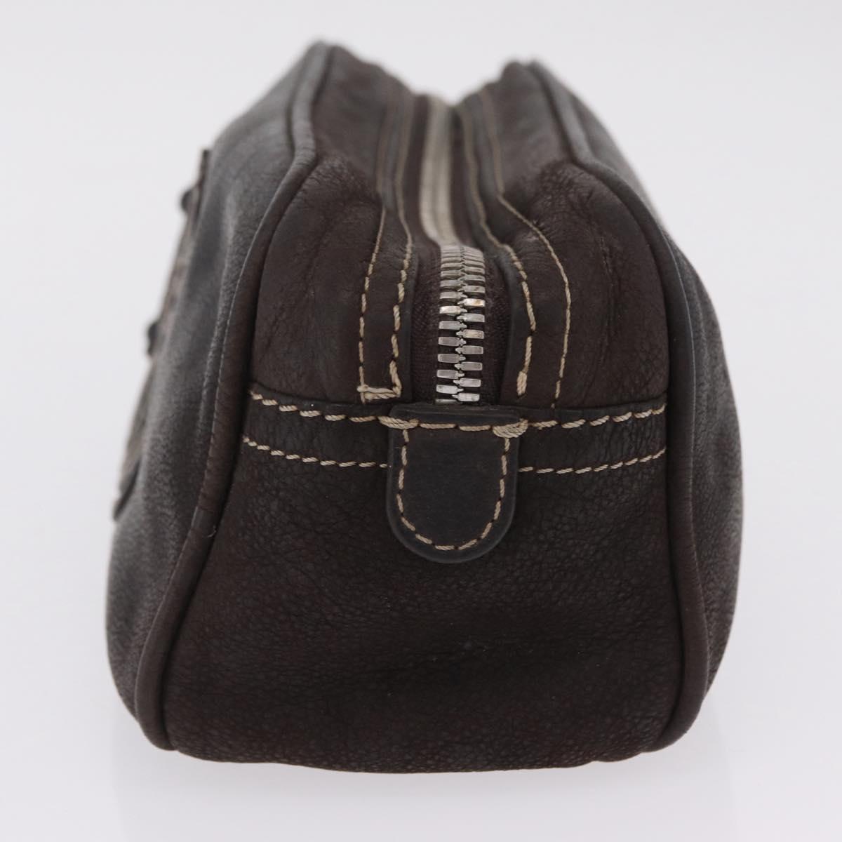 LOEWE Clutch Bag Leather Dark Brown Silver Auth 211101