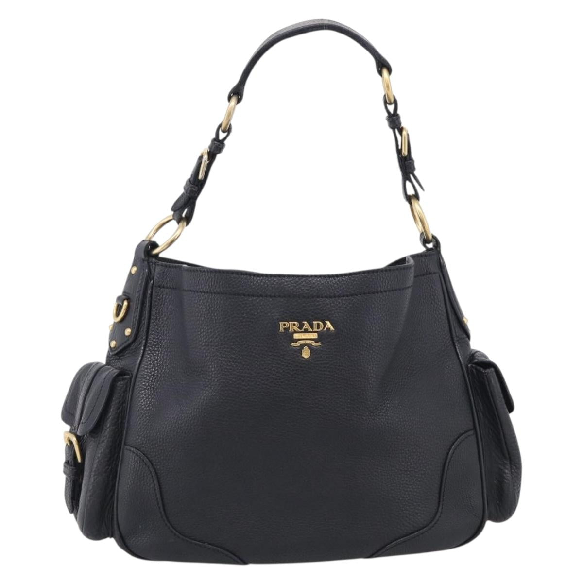 PRADA Shoulder Bag Leather Black Gold Auth 211133V