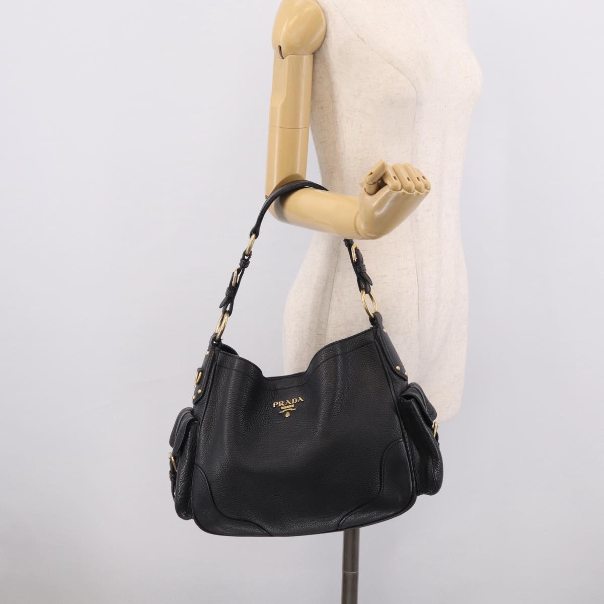 PRADA Shoulder Bag Leather Black Gold Auth 211133V