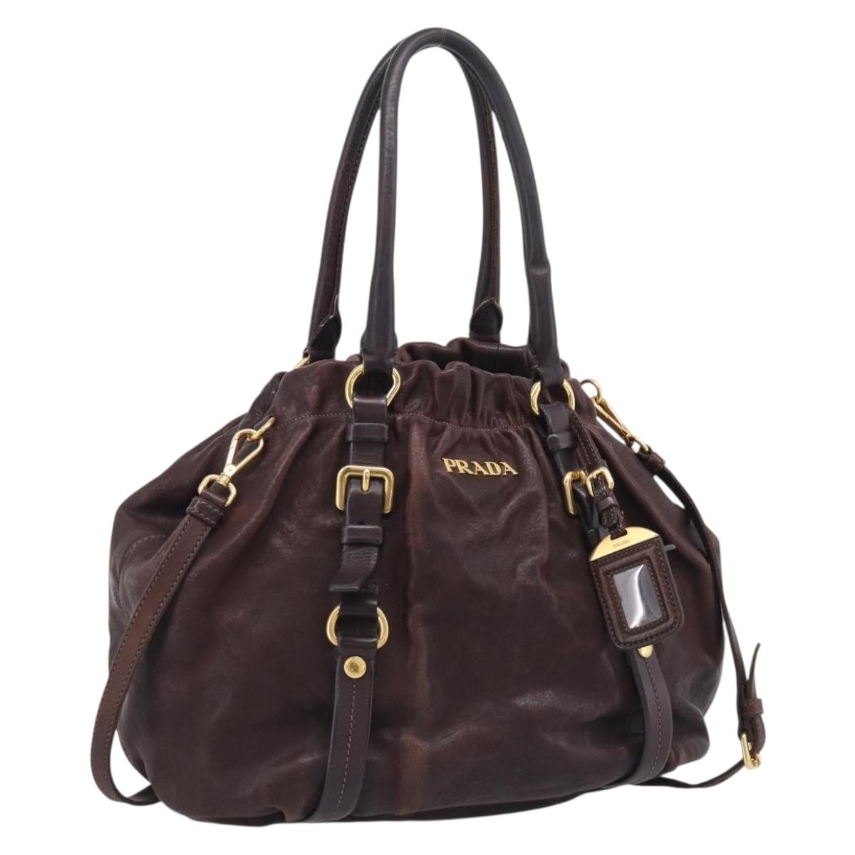 PRADA Tote Bag Leather 2way Brown Gold Auth 211140A