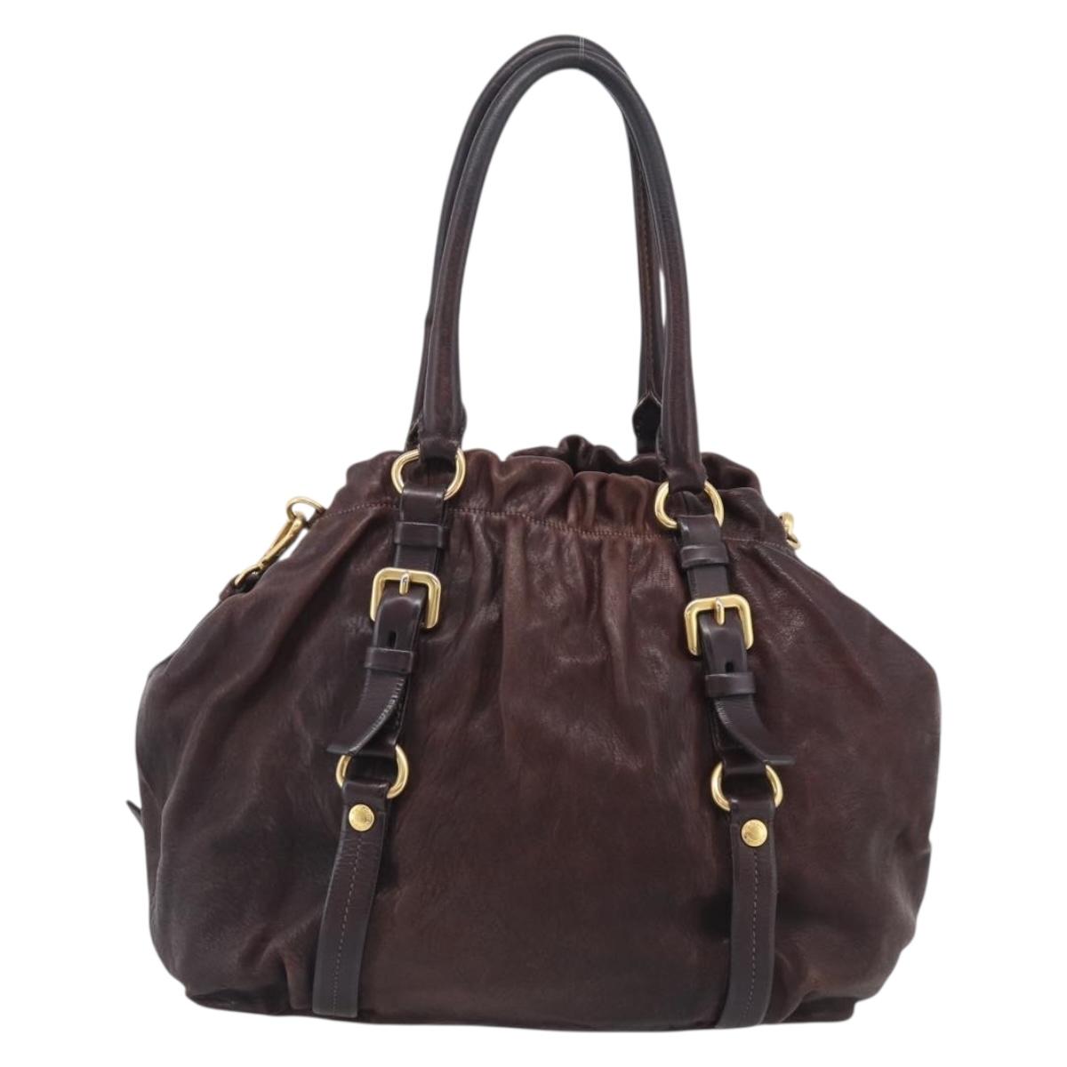 PRADA Tote Bag Leather 2way Brown Gold Auth 211140A