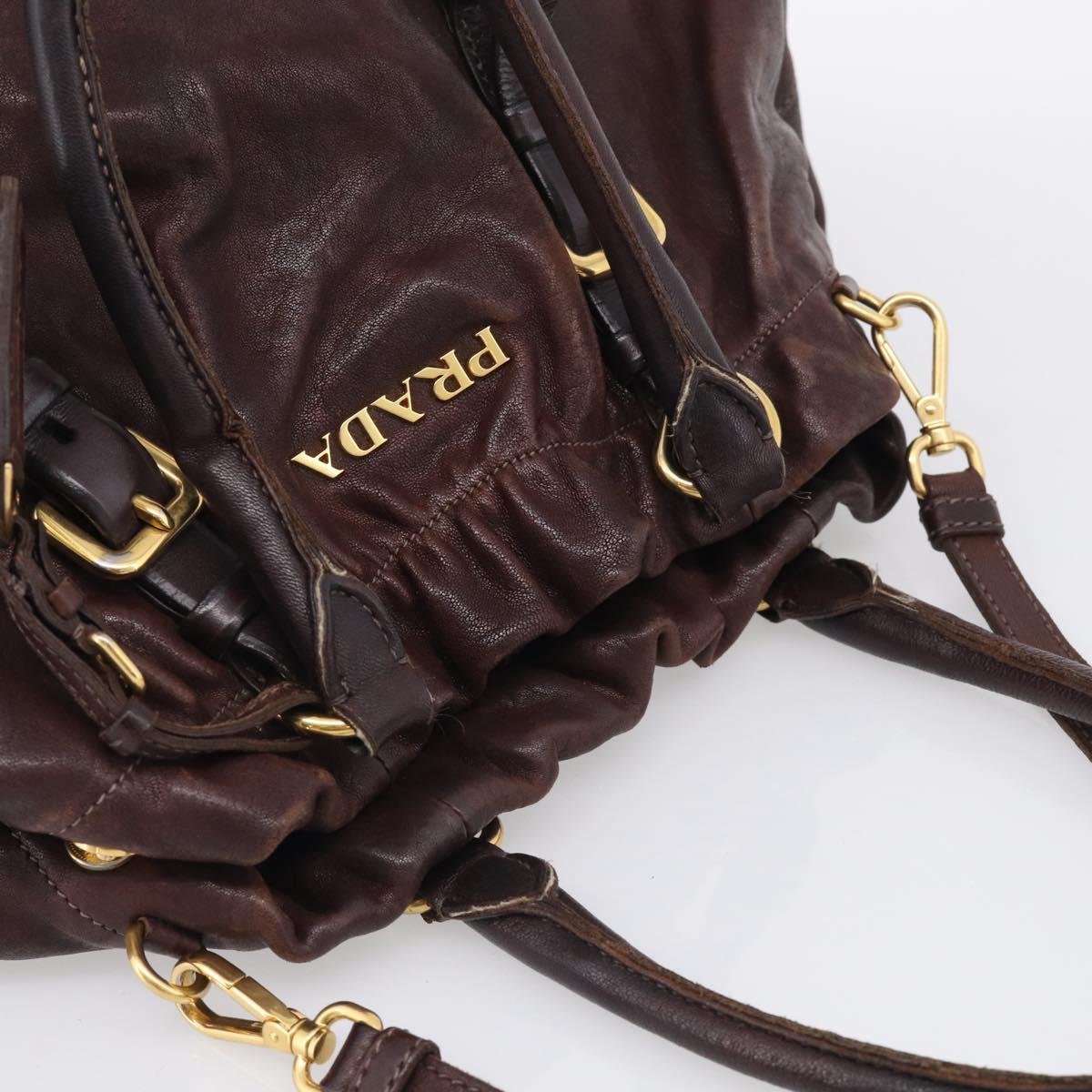 PRADA Tote Bag Leather 2way Brown Gold Auth 211140A