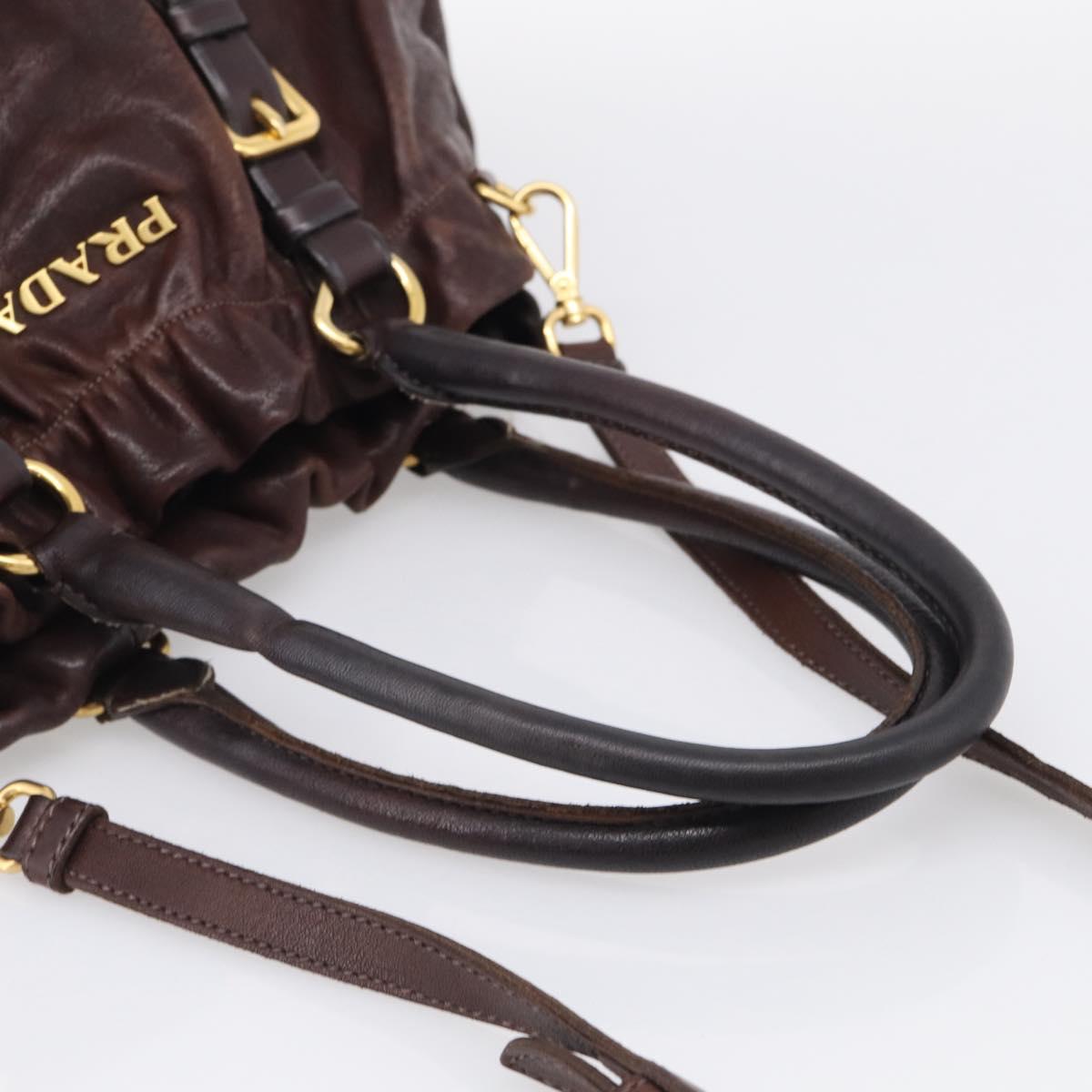 PRADA Tote Bag Leather 2way Brown Gold Auth 211140A
