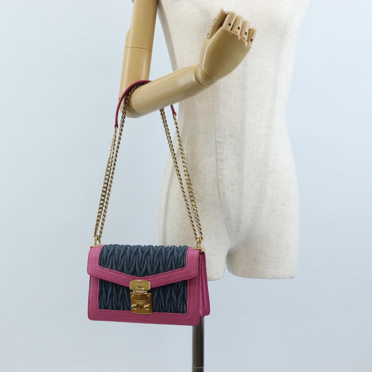 Miu Miu Matelasse Chain Shoulder Bag Denim Leather Navy Gold Tone Auth 211181M