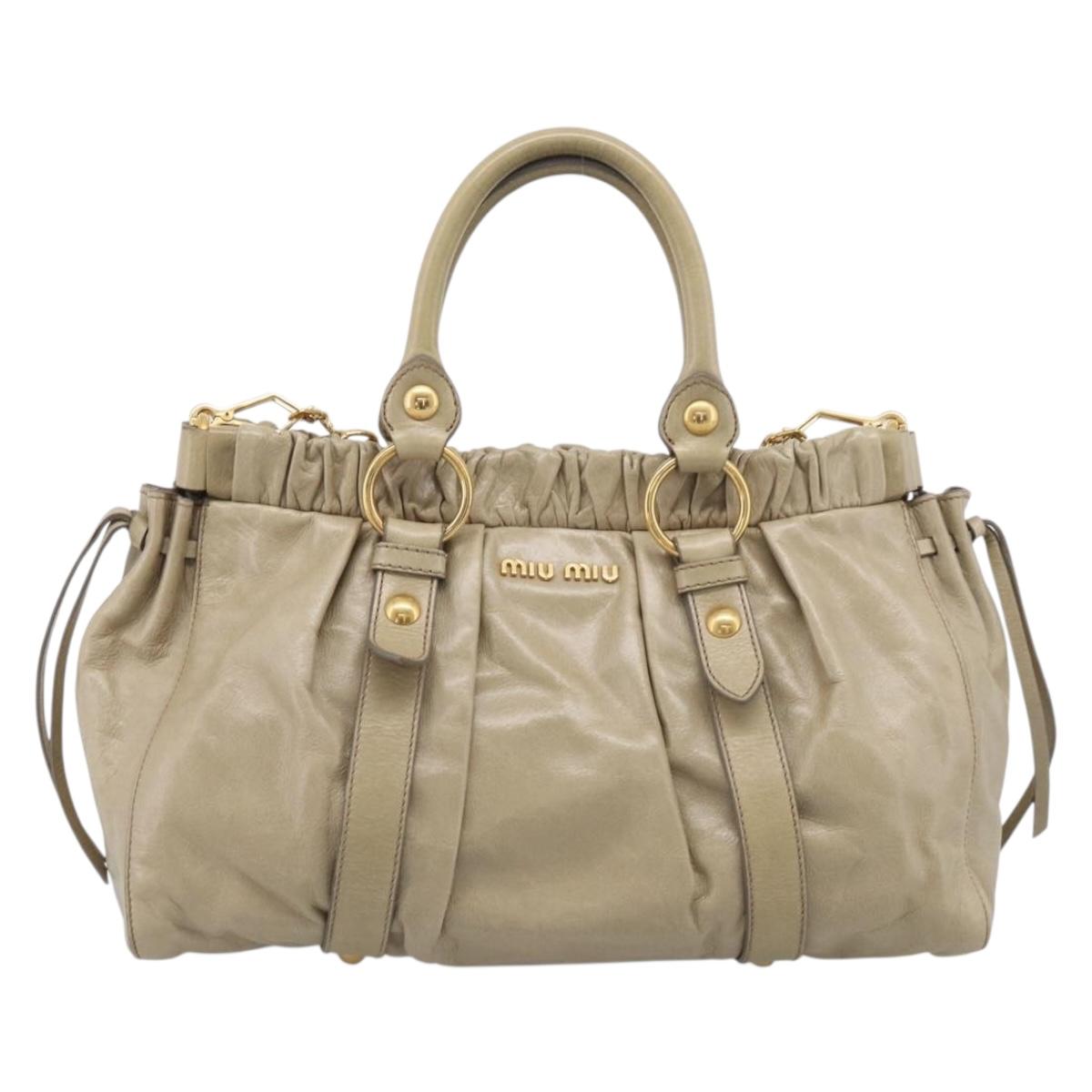 Miu Miu Vitellolux Hand Bag Leather 2way Beige Gold Tone Auth 211229V