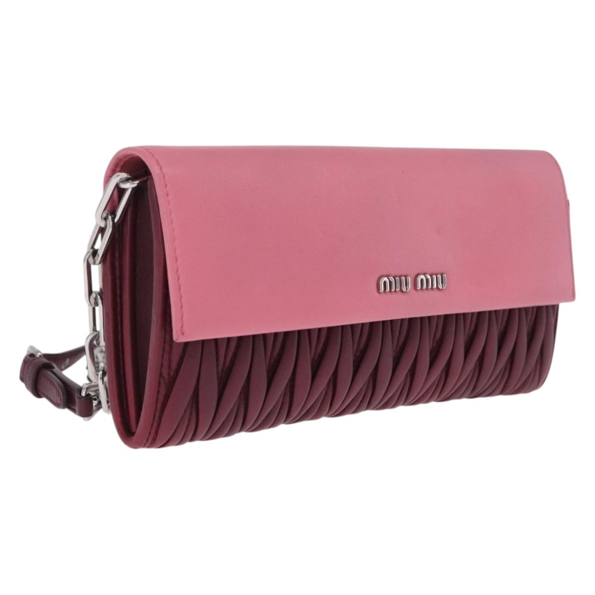 Miu Miu Matelasse Chain Wallet Leather Pink Silver Auth 211242V