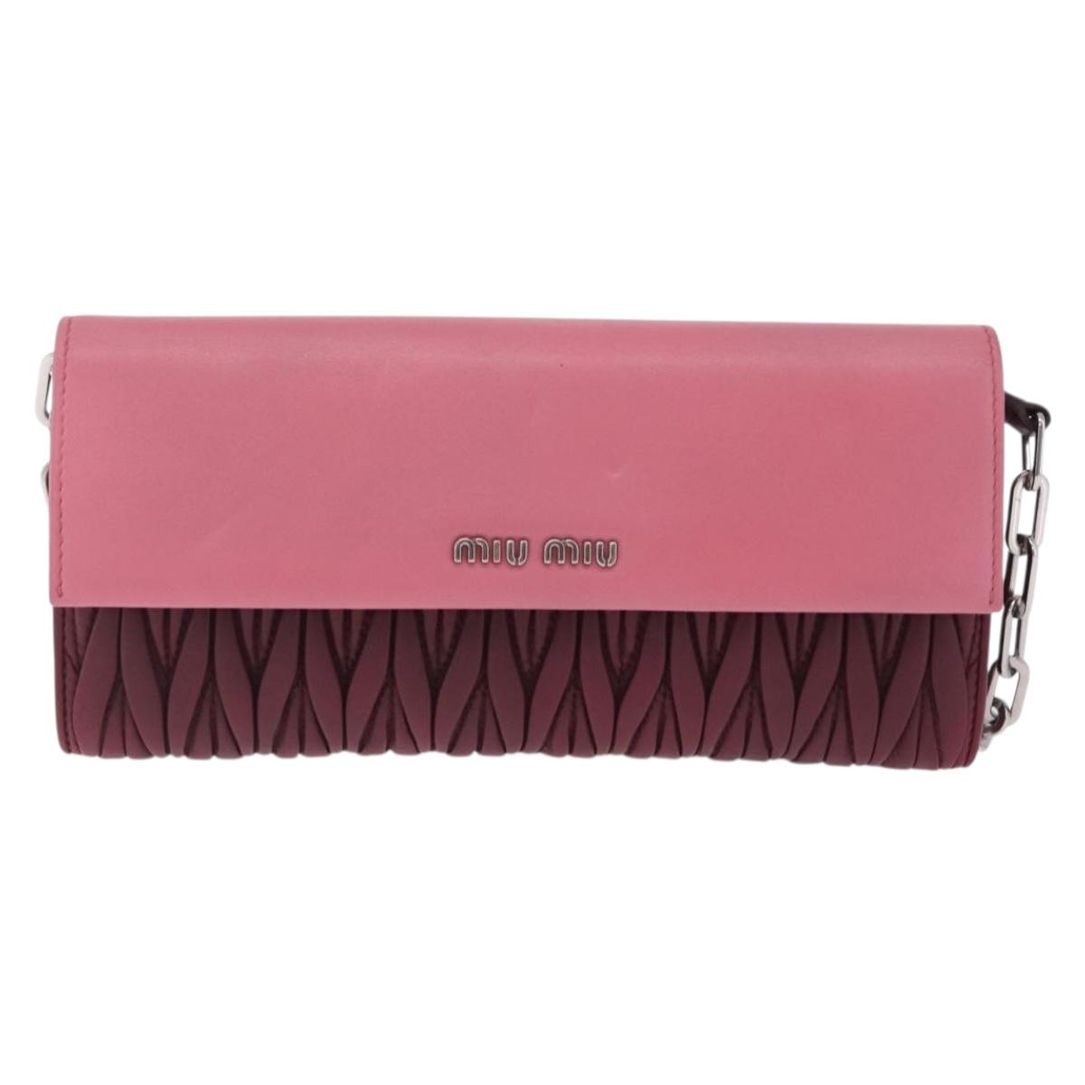 Miu Miu Matelasse Chain Wallet Leather Pink Silver Auth 211242V