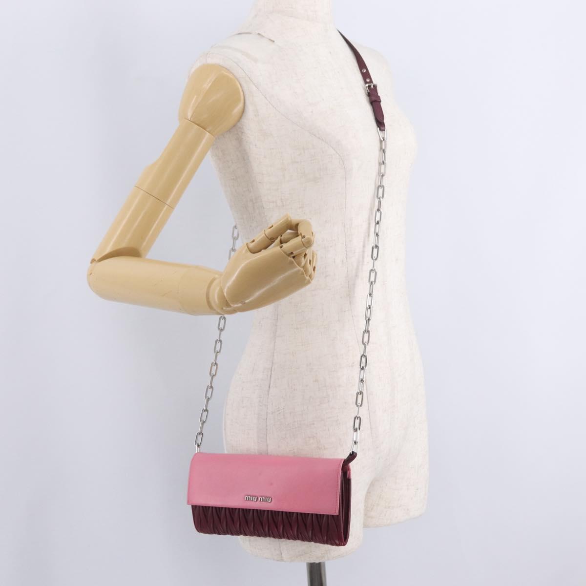 Miu Miu Matelasse Chain Wallet Leather Pink Silver Auth 211242V