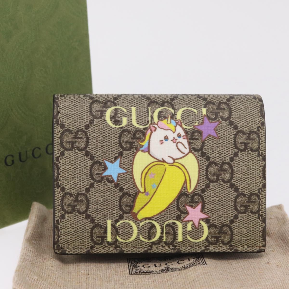 GUCCI GG Supreme Compact Bifold Wallet PVC BNF Beige Yellow 701009 Auth 211258M