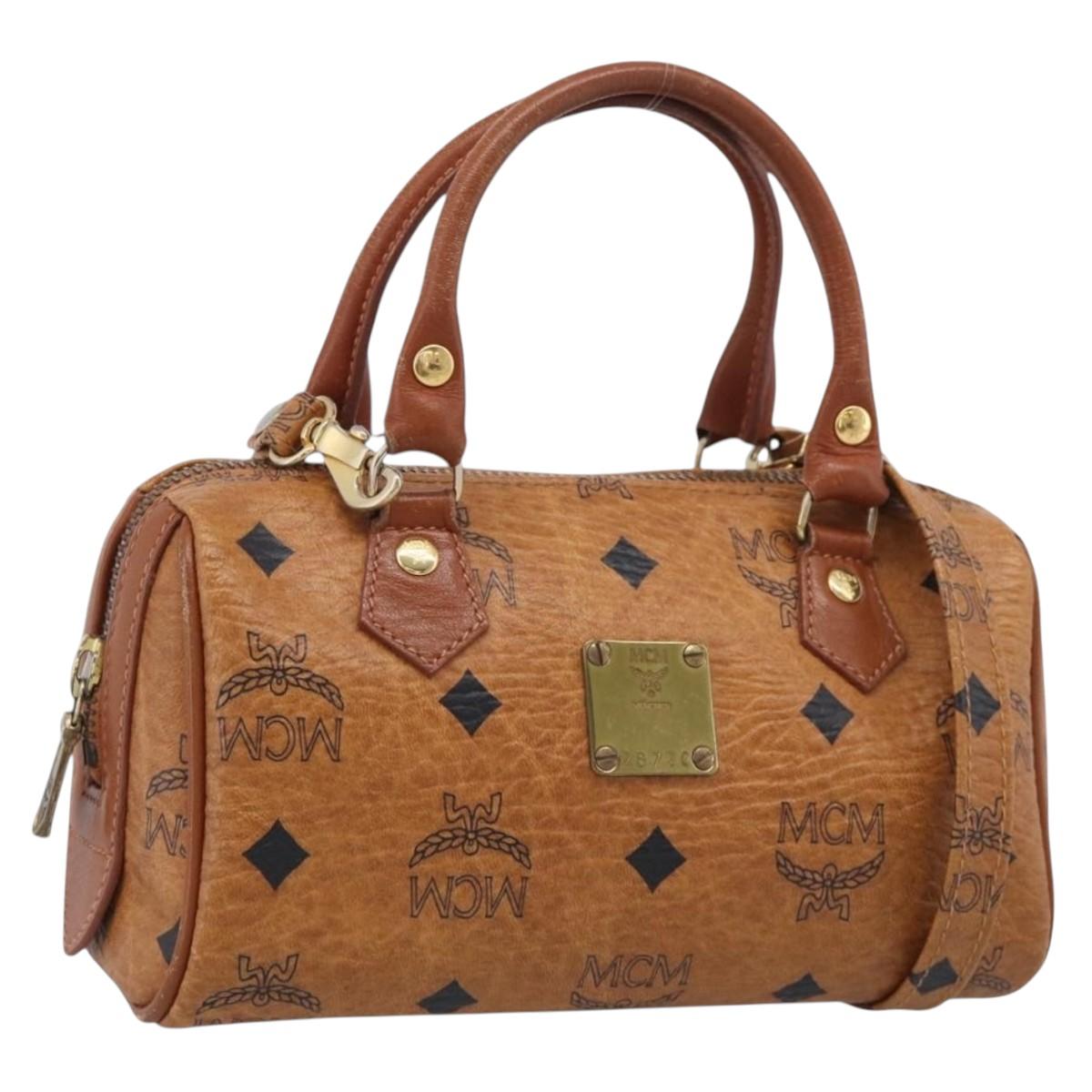 MCM Vicetos Logogram Mini Boston Bag PVC Leather 2way Brown Gold Auth 211277A