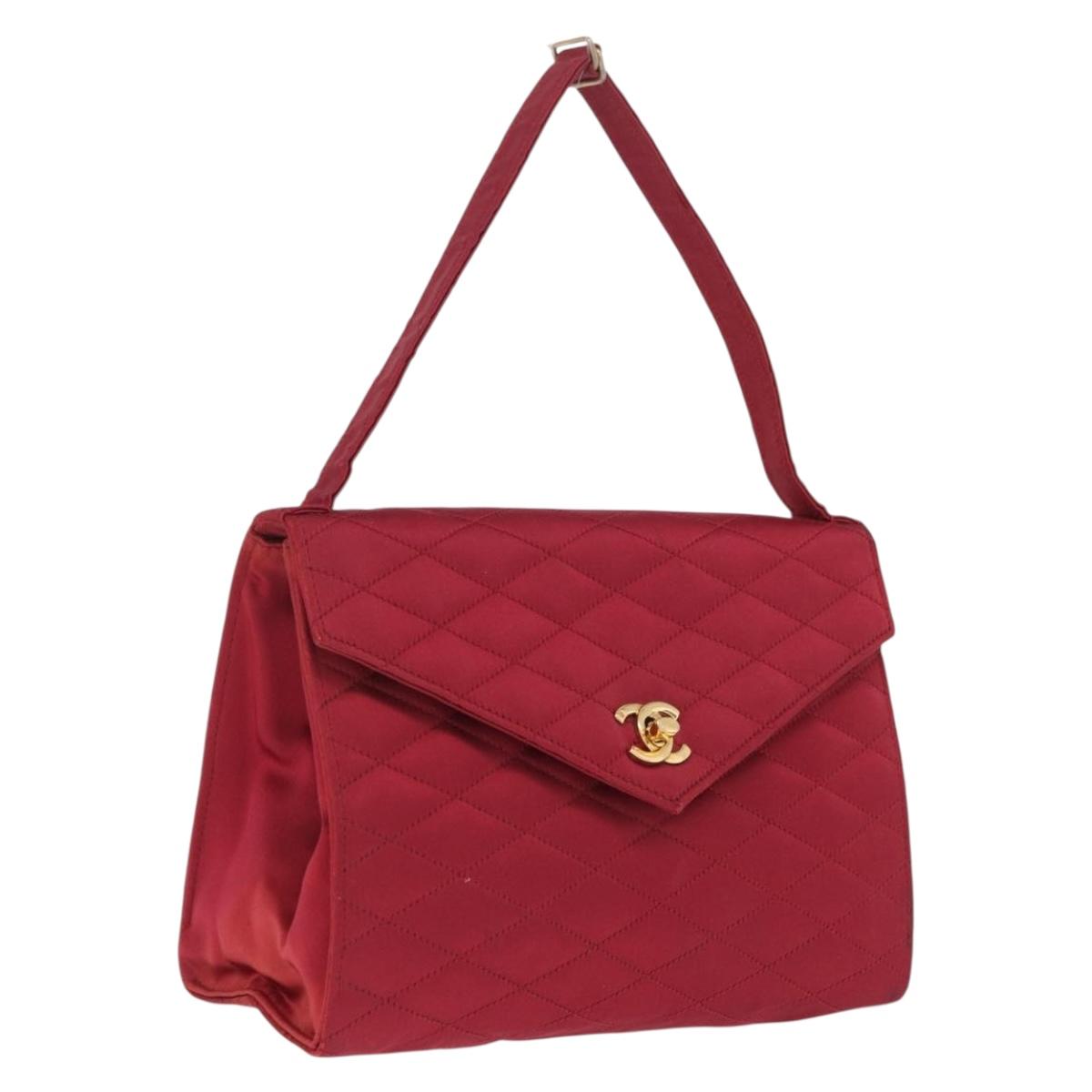 CHANEL Matelasse Hand Bag Satin Red Gold CC Auth 211302A