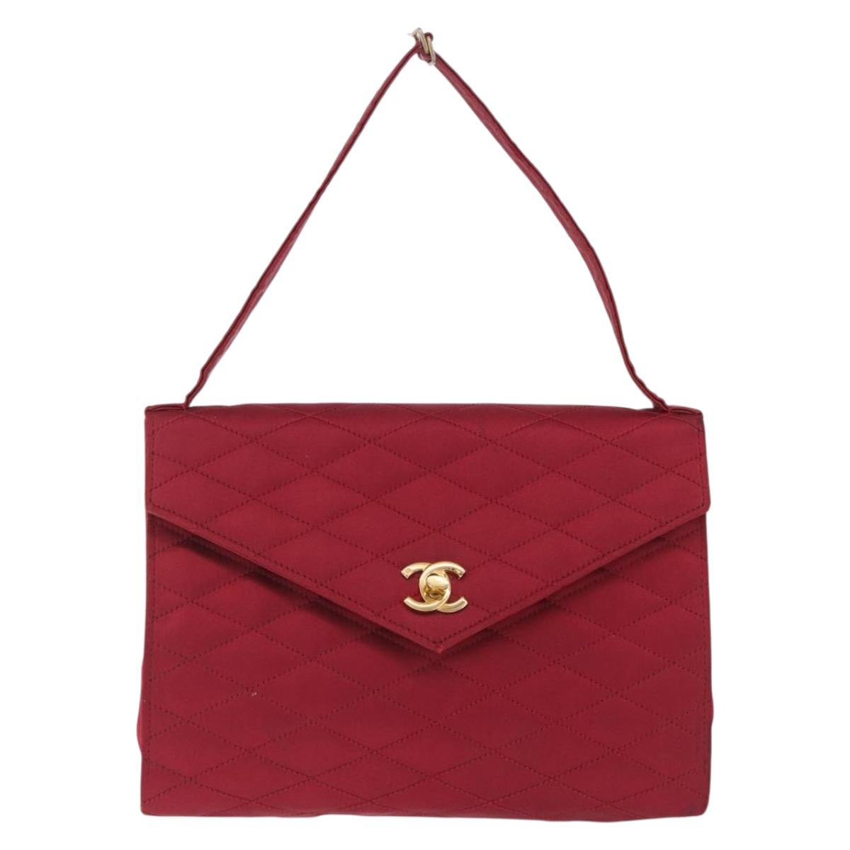CHANEL Matelasse Hand Bag Satin Red Gold CC Auth 211302A