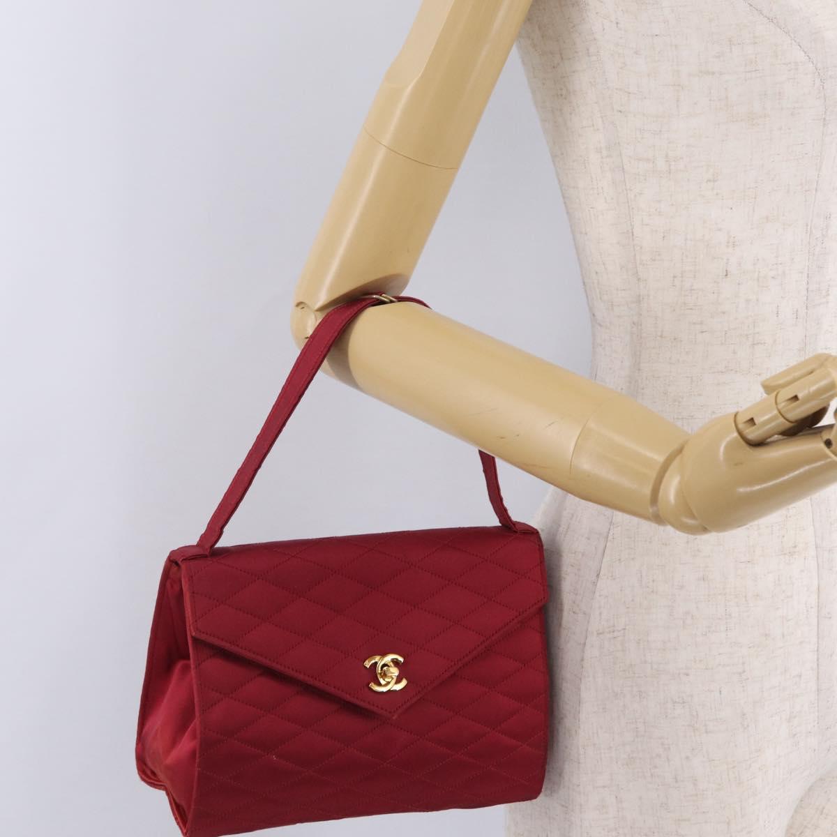 CHANEL Matelasse Hand Bag Satin Red Gold CC Auth 211302A