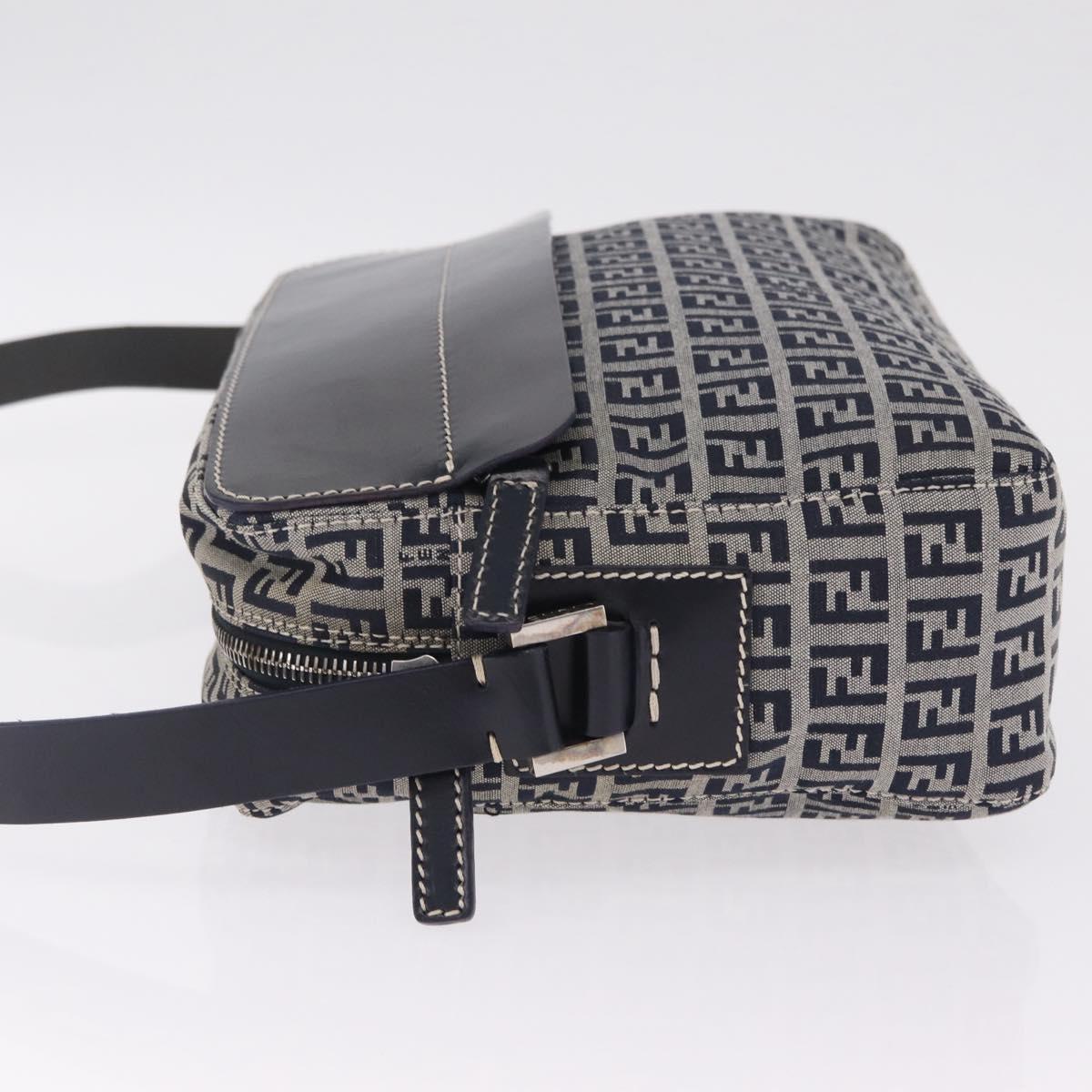 FENDI Zucchino Canvas Shoulder Bag Navy Silver Auth 211304V
