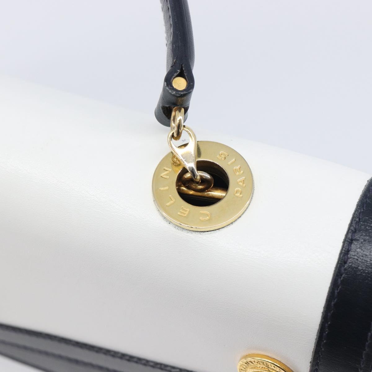 CELINE Medallion Hand Bag Leather White Gold Auth 211306V
