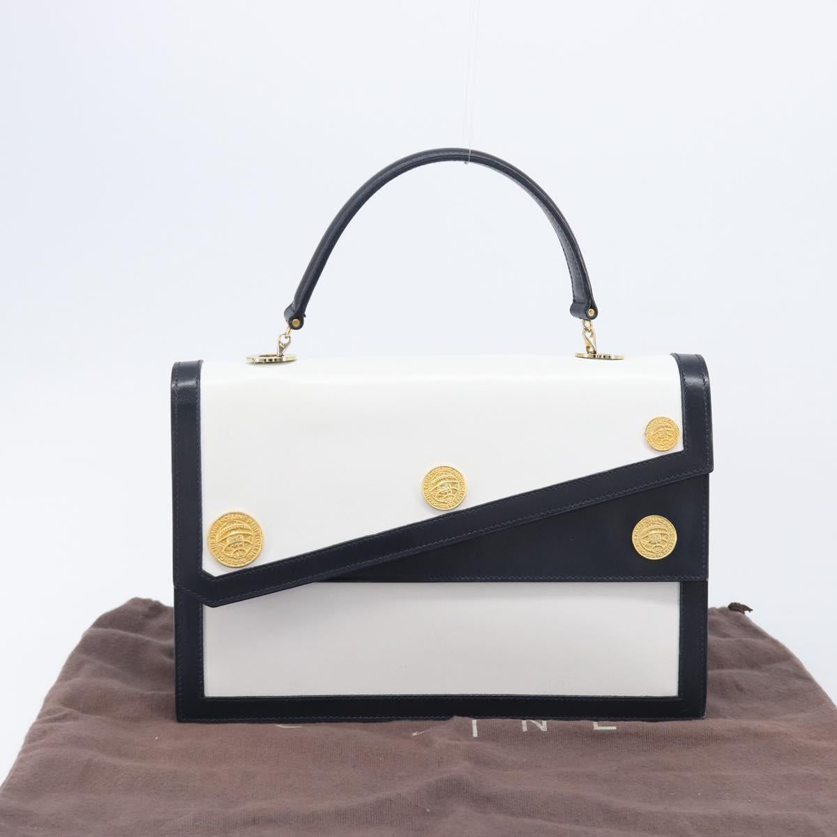 CELINE Medallion Hand Bag Leather White Gold Auth 211306V