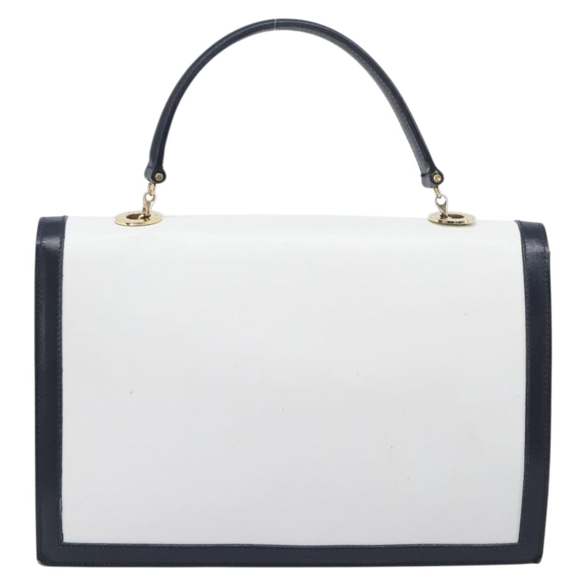 CELINE Medallion Hand Bag Leather White Gold Auth 211306V