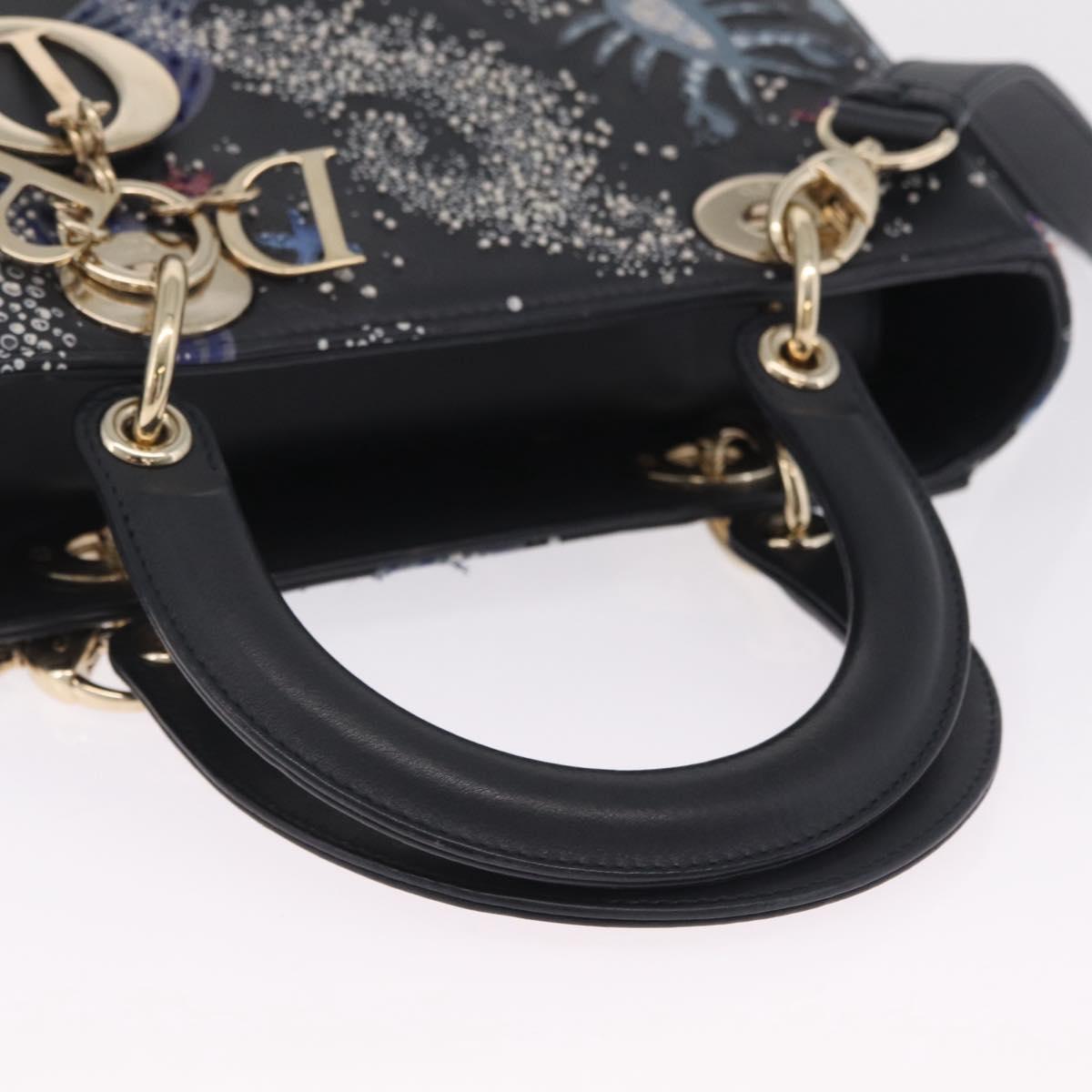 Christian Dior Lady Dior Hand Bag Leather 2way Black Gold Auth 211318SM