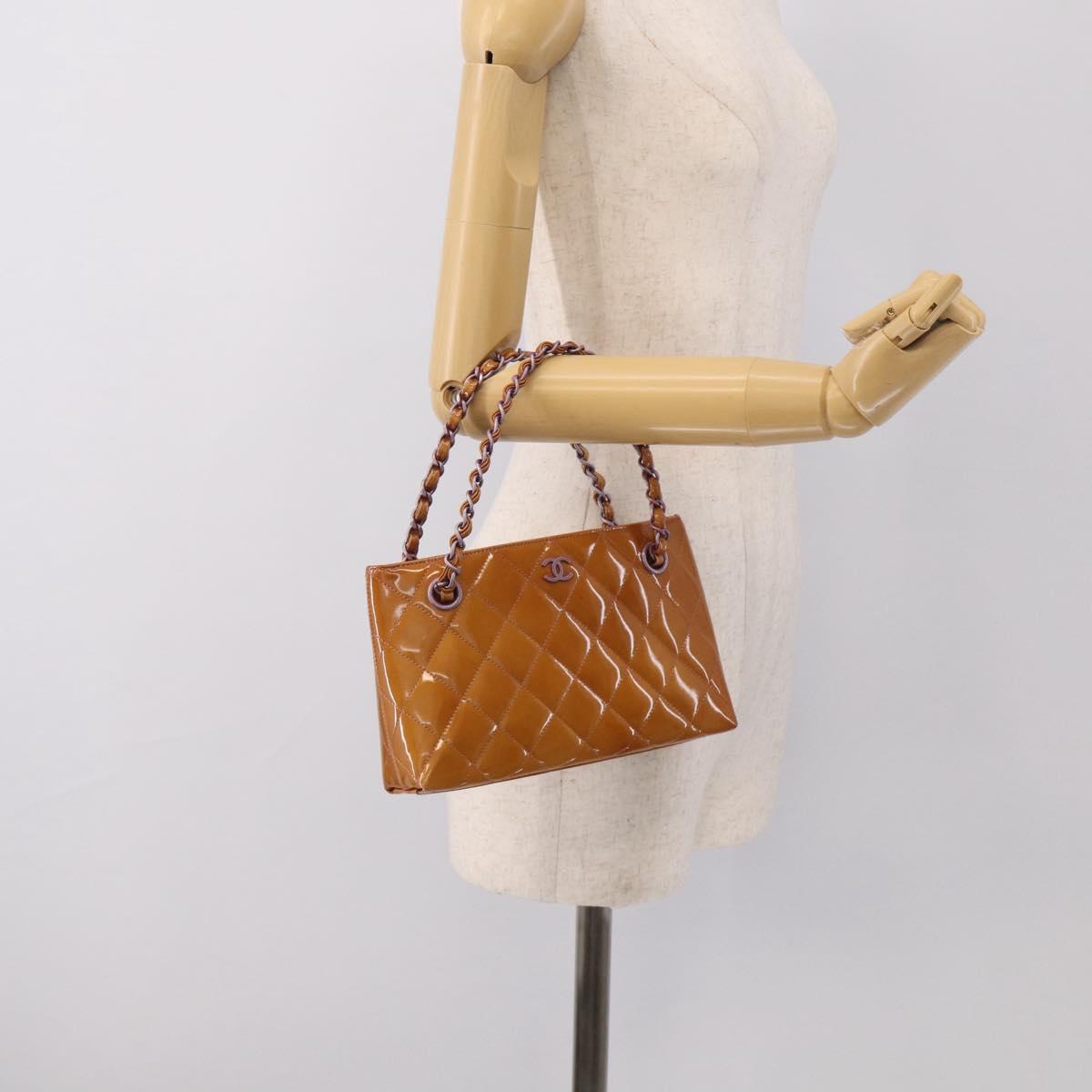 CHANEL Matelasse Chain Hand Bag Patent leather Beige Purple CC Auth 211338A