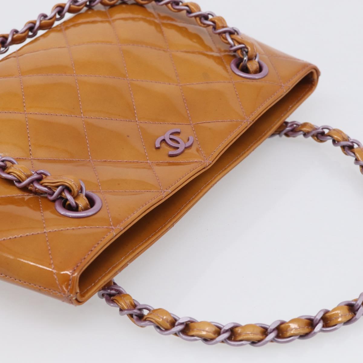 CHANEL Matelasse Chain Hand Bag Patent leather Beige Purple CC Auth 211338A