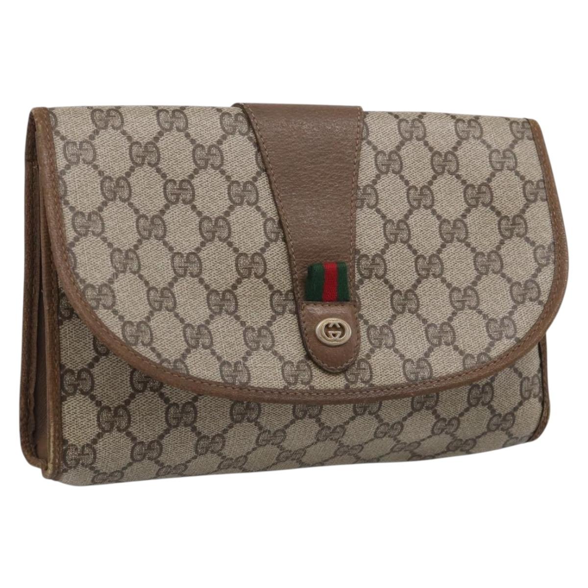 GUCCI GG Supreme Web Sherry Line Clutch Bag PVC Beige Gold 89 01 030 Auth 211339