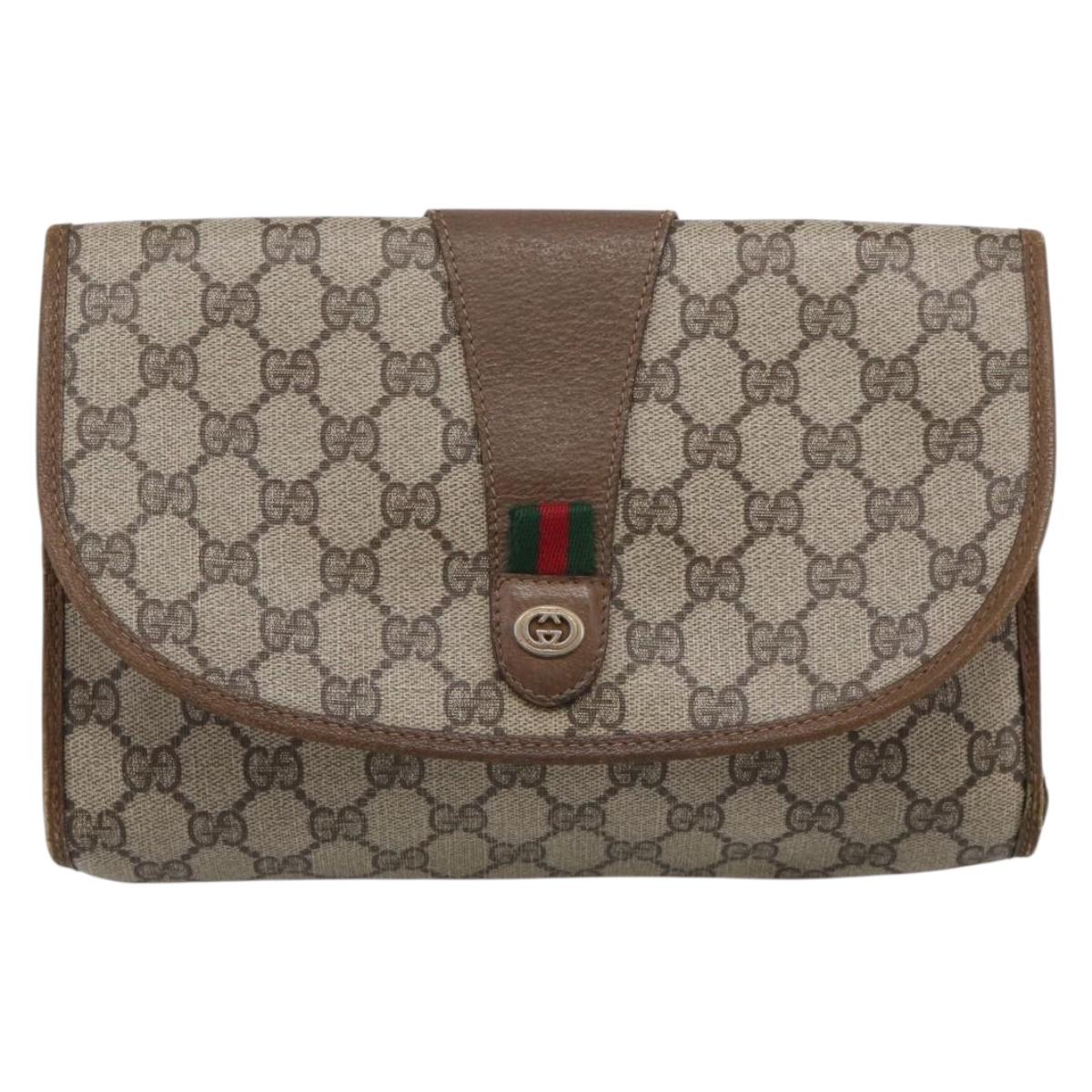 GUCCI GG Supreme Web Sherry Line Clutch Bag PVC Beige Gold 89 01 030 Auth 211339